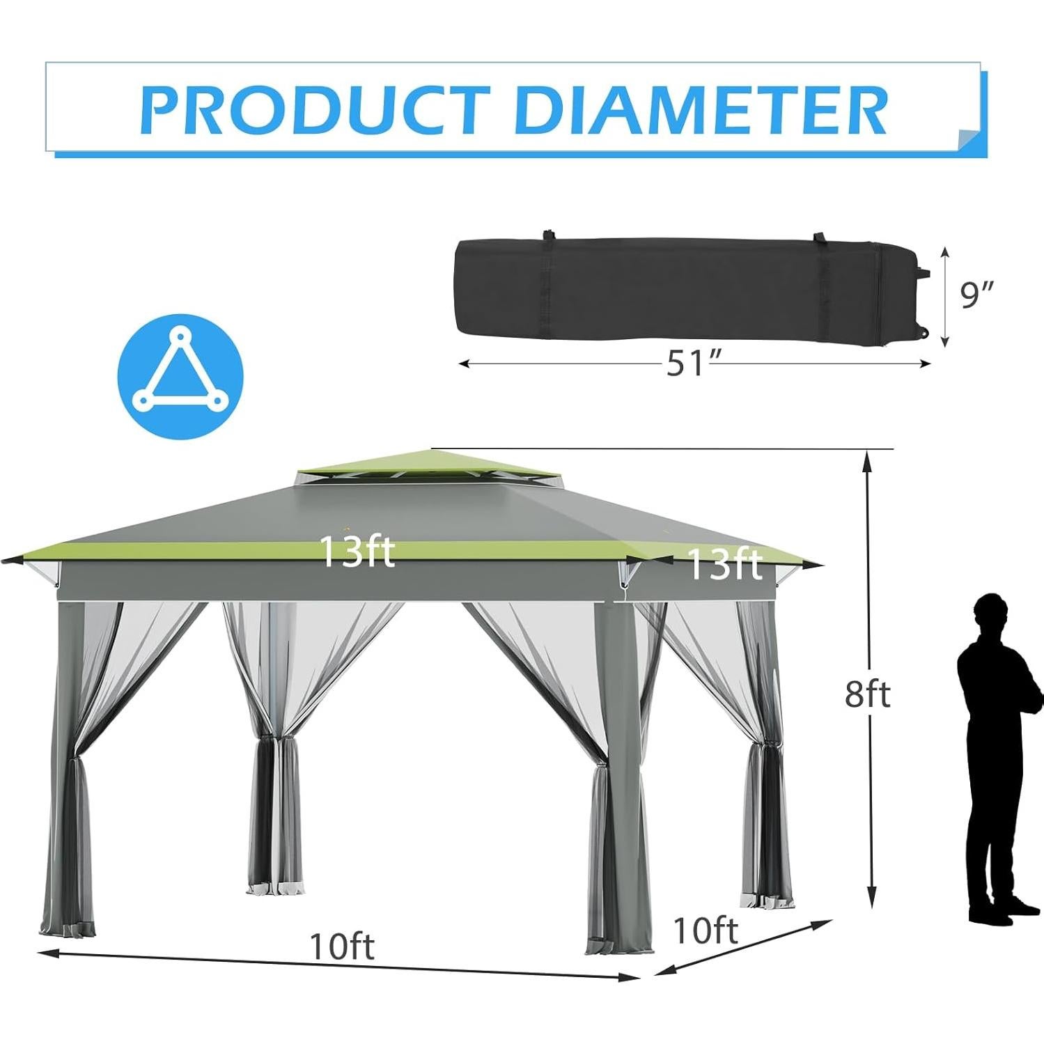 Carpa Pop Up ECOTOUGE 3.96x3.96m con Mosquiteros Gris-Verde