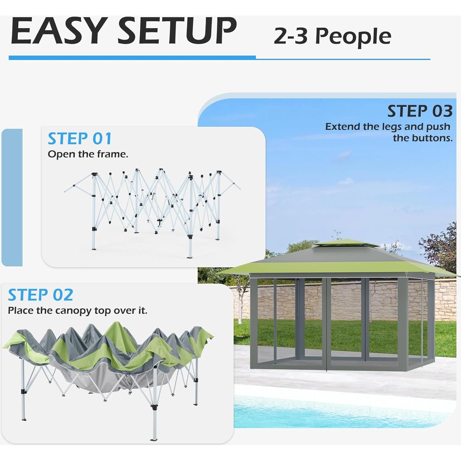Carpa Pop Up ECOTOUGE 3.96x3.96m con Mosquiteros Gris-Verde