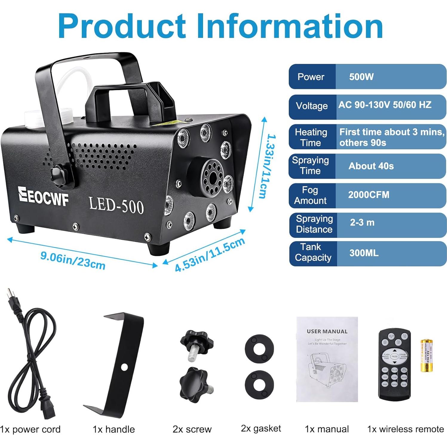 Máquina de Niebla 500W con Control Remoto y Luces LED 13 Colores