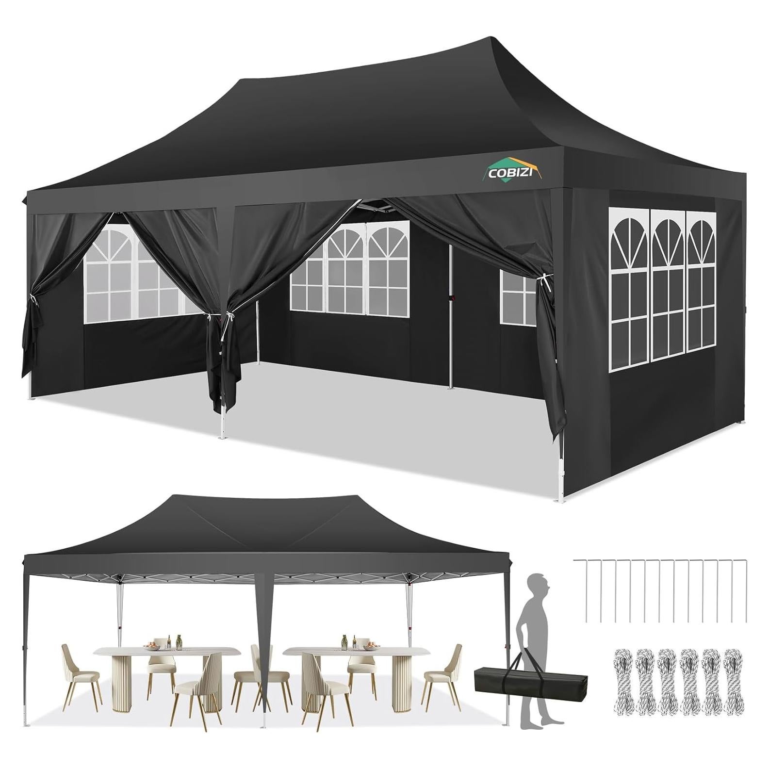 COBIZI 10x20 Canopy, Pop Up Canopy 10x20, Outdoor Wedding Party Tent, Commercial Tent, Waterproof Canopy Tent with 6 Sidewalls, All Season Outdoor Gazebos for Parties with Carry Bag, Event, Black