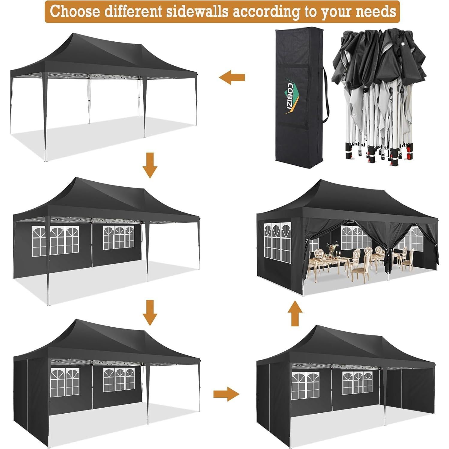 COBIZI 10x20 Canopy, Pop Up Canopy 10x20, Outdoor Wedding Party Tent, Commercial Tent, Waterproof Canopy Tent with 6 Sidewalls, All Season Outdoor Gazebos for Parties with Carry Bag, Event, Black