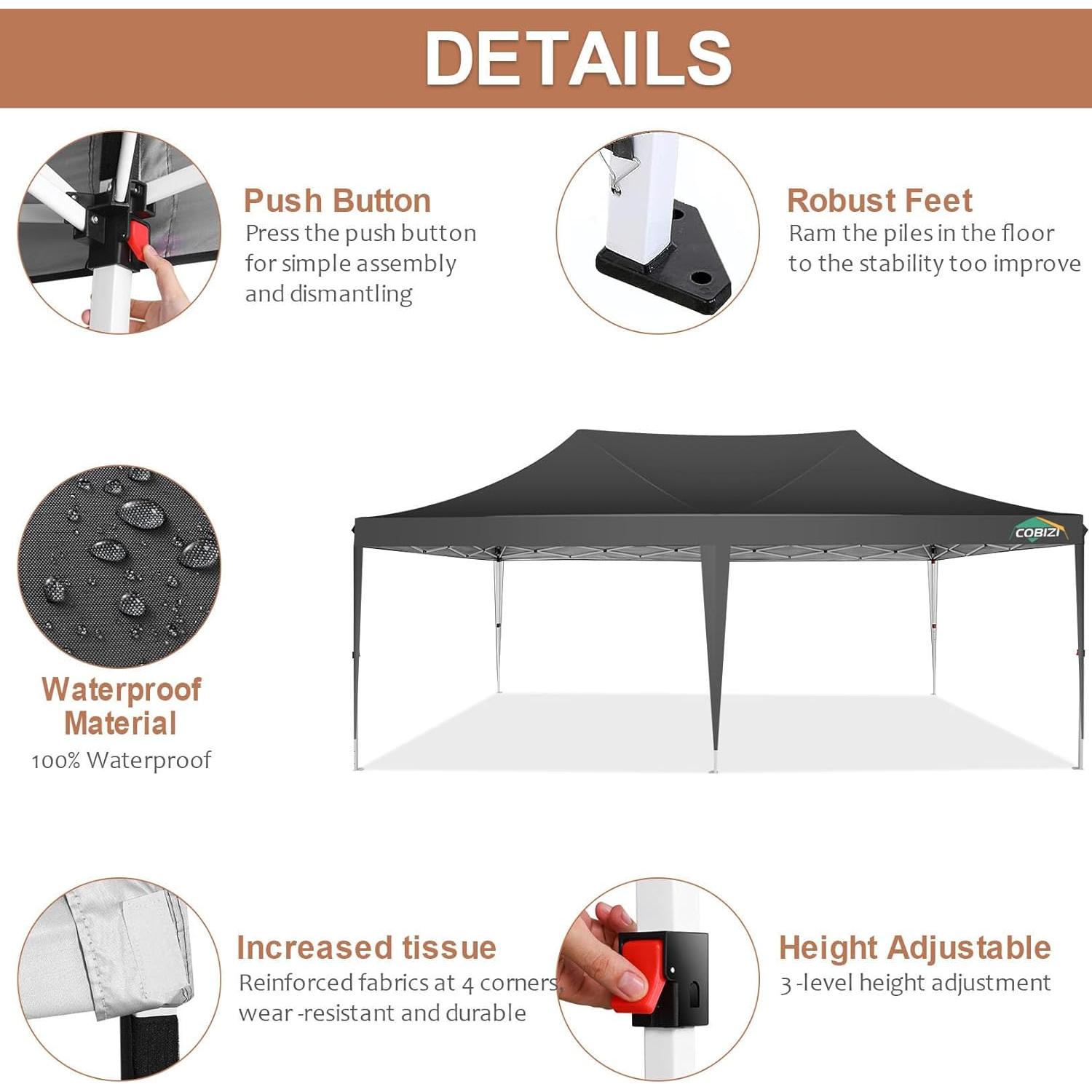 COBIZI 10x20 Canopy, Pop Up Canopy 10x20, Outdoor Wedding Party Tent, Commercial Tent, Waterproof Canopy Tent with 6 Sidewalls, All Season Outdoor Gazebos for Parties with Carry Bag, Event, Black