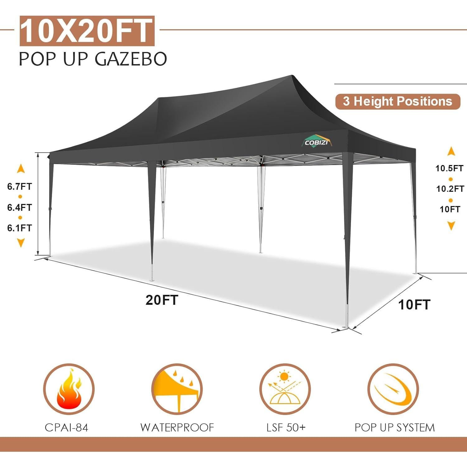 COBIZI 10x20 Canopy, Pop Up Canopy 10x20, Outdoor Wedding Party Tent, Commercial Tent, Waterproof Canopy Tent with 6 Sidewalls, All Season Outdoor Gazebos for Parties with Carry Bag, Event, Black