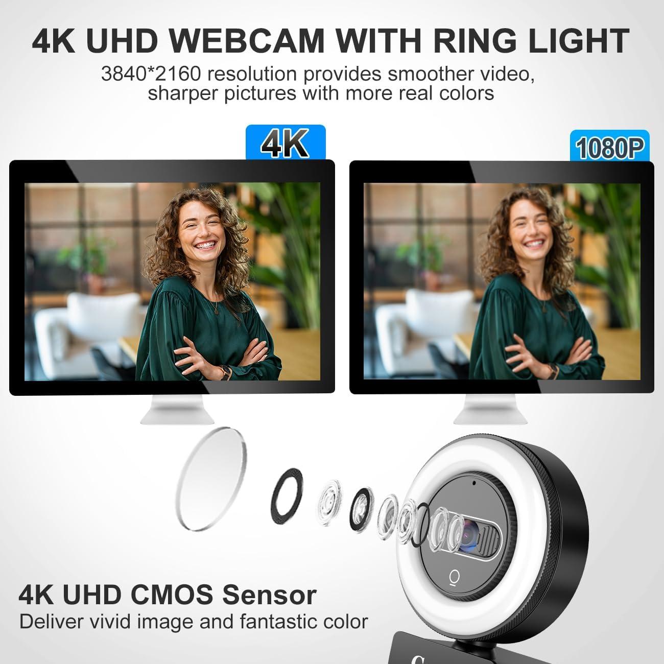 Cámara web 4K Camii con luz y micrófono, control remoto