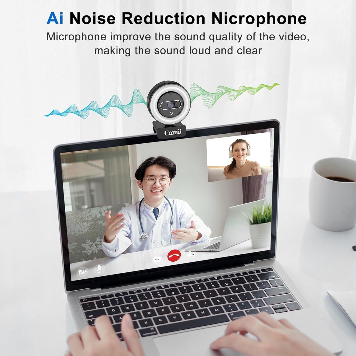 Cámara web 4K Camii con luz y micrófono, control remoto