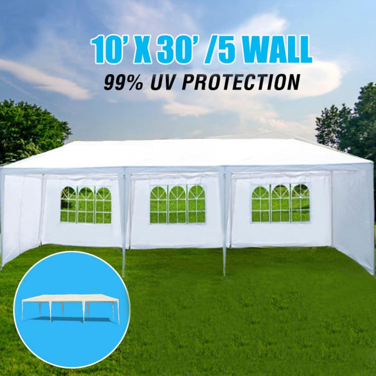 10x30Ft Outdoor Party Canopy Tent with 5 Removable Sidewalls, White Waterproof Gazebo for Weddings, Events, and Gatherings