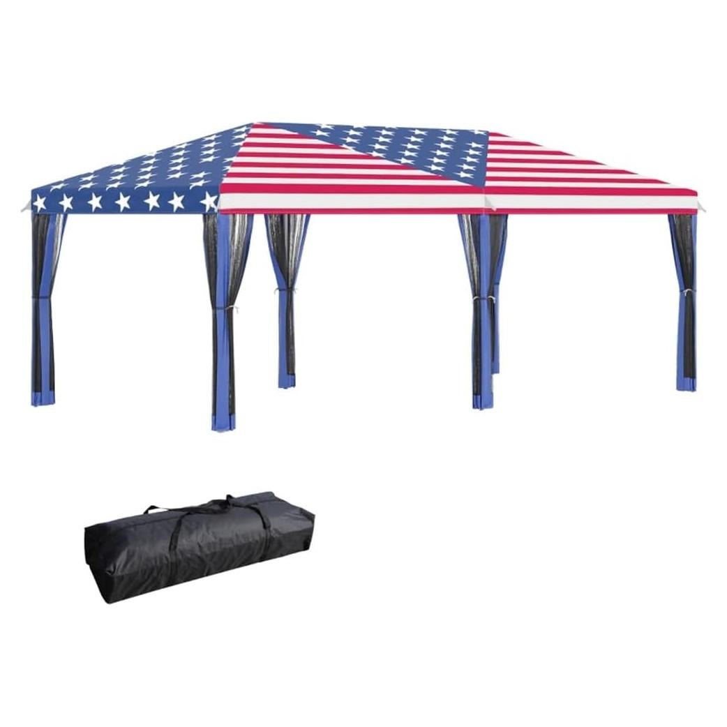 Pop Up Canopy, Outdoor Gazebo Canopy Tent, Glare-Free, Easy Setup, Steel Frame, Oxford Cloth, Mesh Party Tent for Sun Protection, Event Tent, Easy Up Canopy with Carrying Bag Flag Pattern