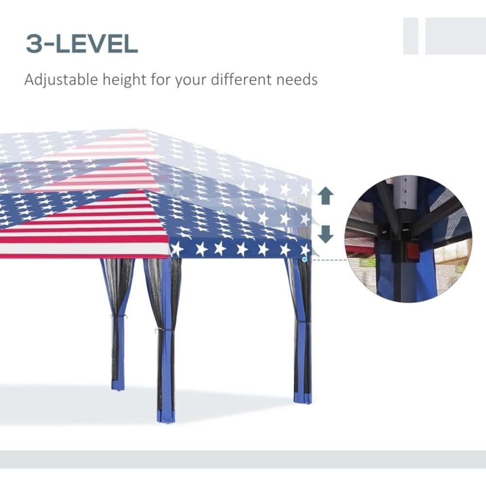 Pop Up Canopy, Outdoor Gazebo Canopy Tent, Glare-Free, Easy Setup, Steel Frame, Oxford Cloth, Mesh Party Tent for Sun Protection, Event Tent, Easy Up Canopy with Carrying Bag Flag Pattern