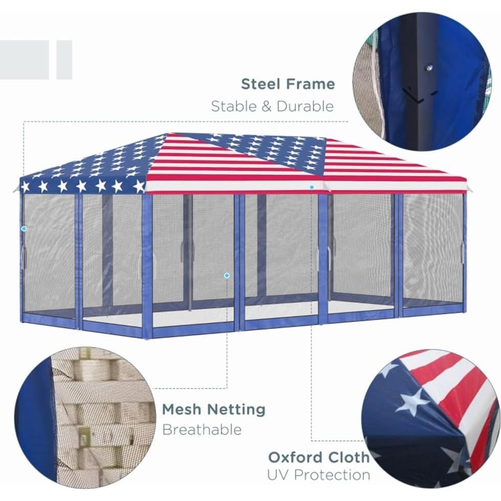 Pop Up Canopy, Outdoor Gazebo Canopy Tent, Glare-Free, Easy Setup, Steel Frame, Oxford Cloth, Mesh Party Tent for Sun Protection, Event Tent, Easy Up Canopy with Carrying Bag Flag Pattern