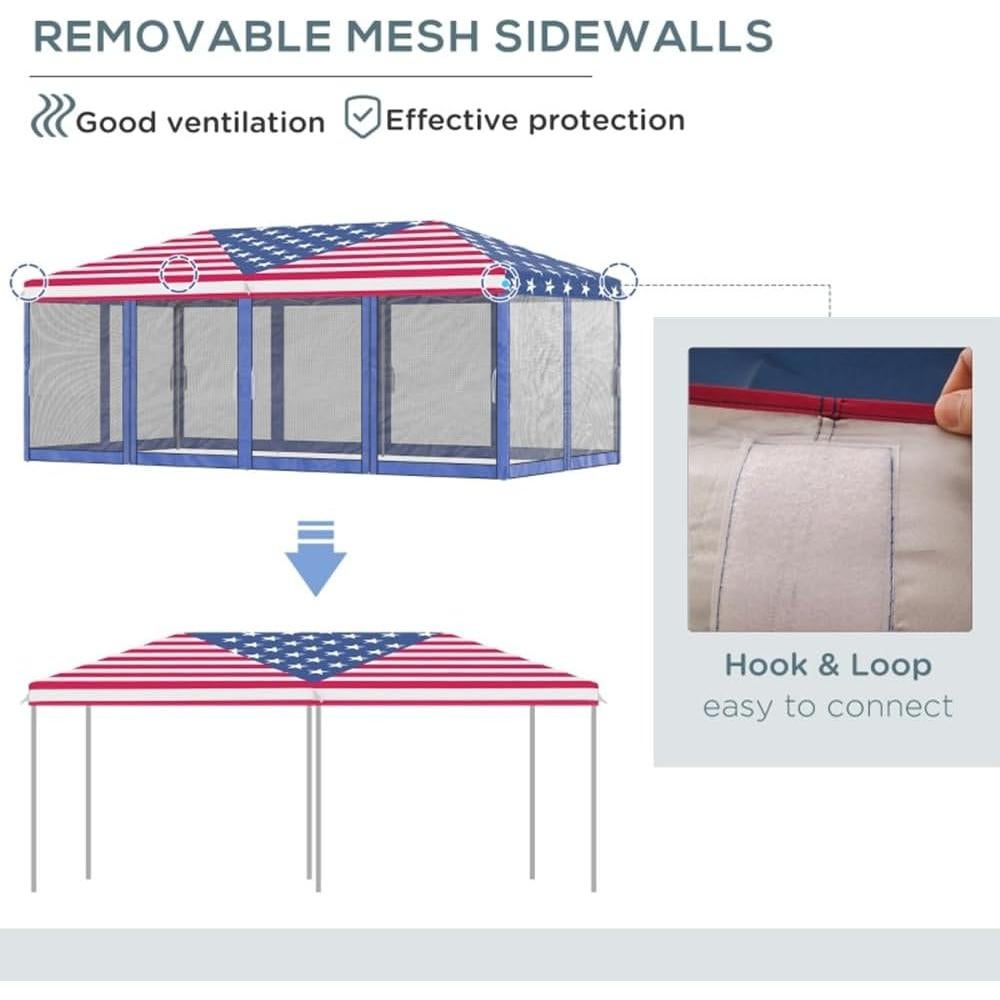 Pop Up Canopy, Outdoor Gazebo Canopy Tent, Glare-Free, Easy Setup, Steel Frame, Oxford Cloth, Mesh Party Tent for Sun Protection, Event Tent, Easy Up Canopy with Carrying Bag Flag Pattern
