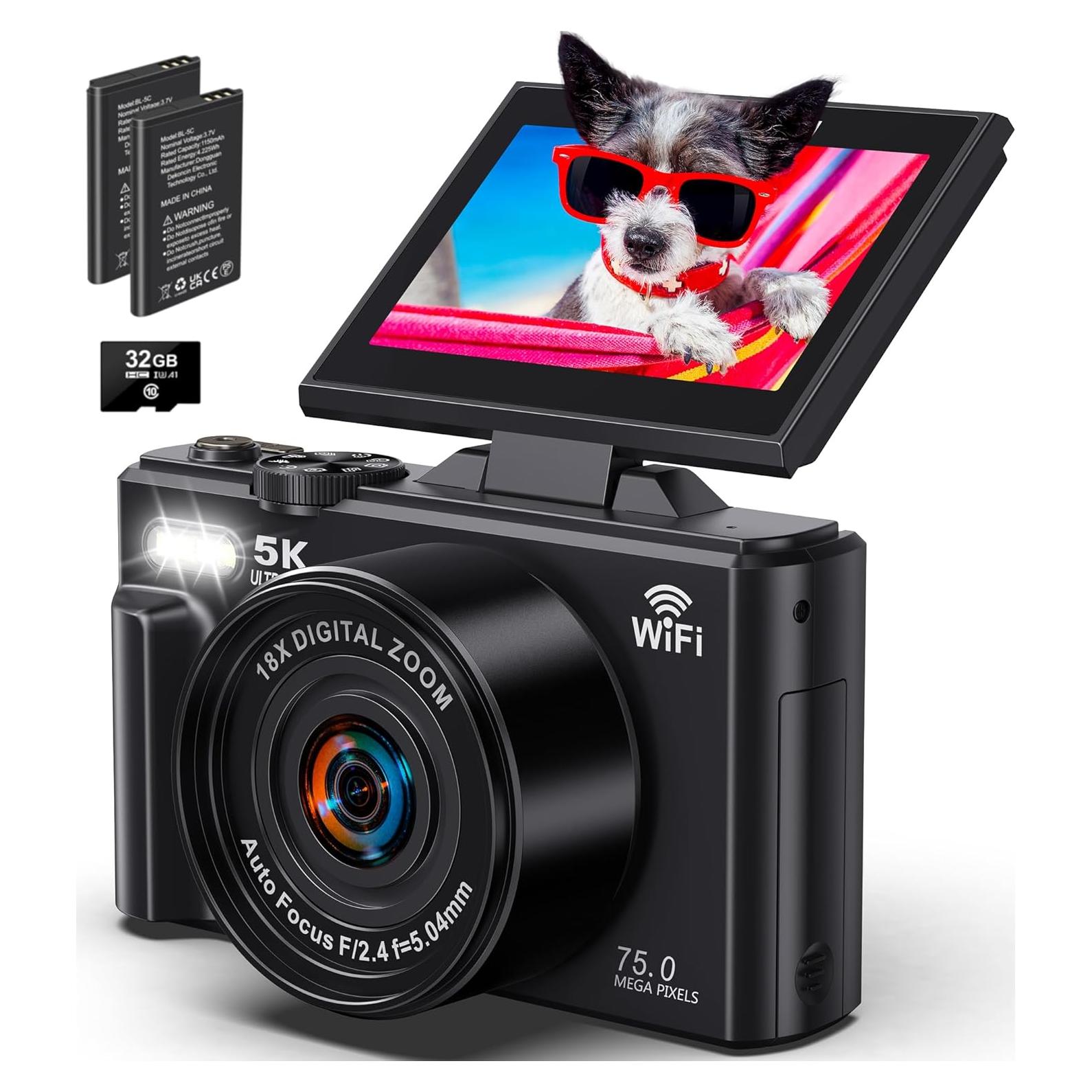 Cámara Digital 5K Pedtail 75MP Autofoco 18X WiFi 3"