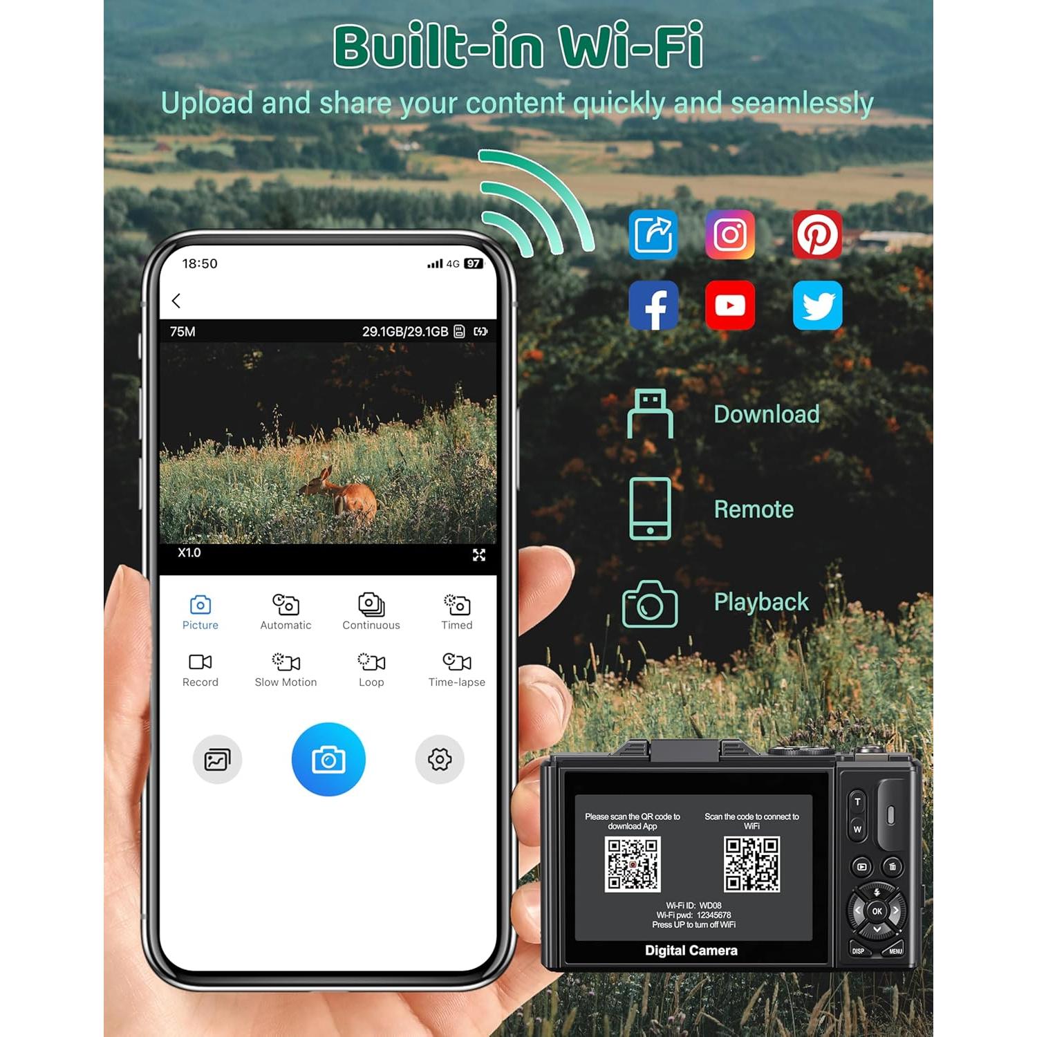 Cámara Digital 5K Pedtail 75MP Autofoco 18X WiFi 3"