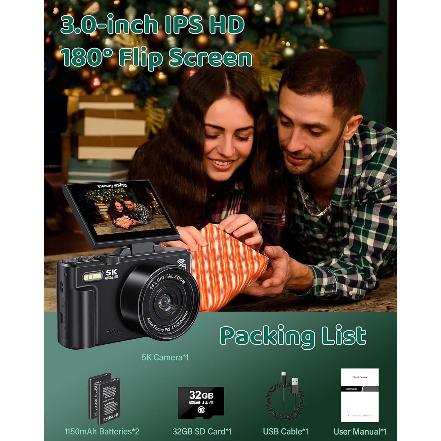 Cámara Digital 5K Pedtail 75MP Autofoco 18X WiFi 3"