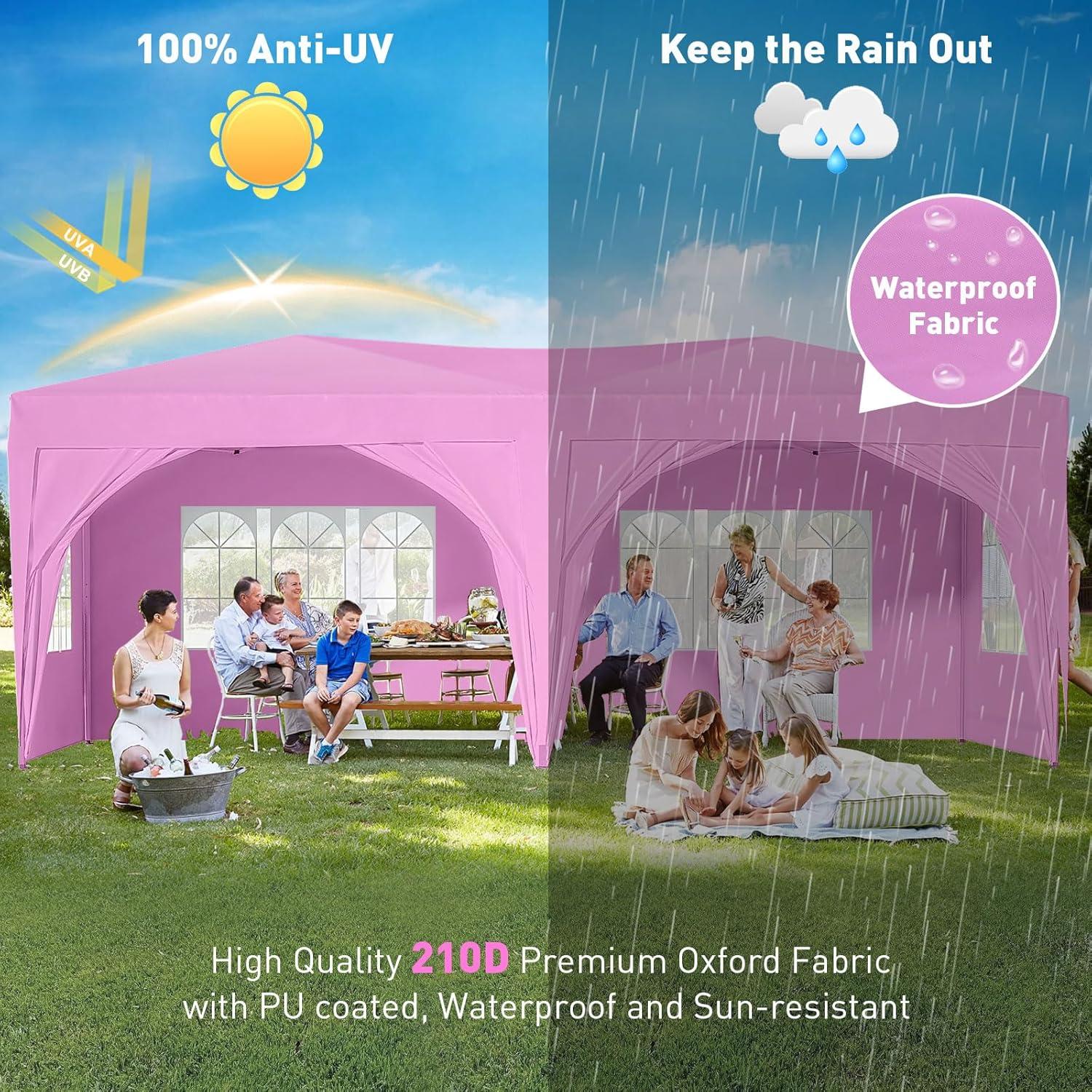 10'x20' Pop Up Canopy Tent with Sidewalls, Outdoor Heavy Duty Party Tent with 4 Sandbags and Carrying Bag, Large Ez Up Tents for Parties, Event, Waterproof (Pink)