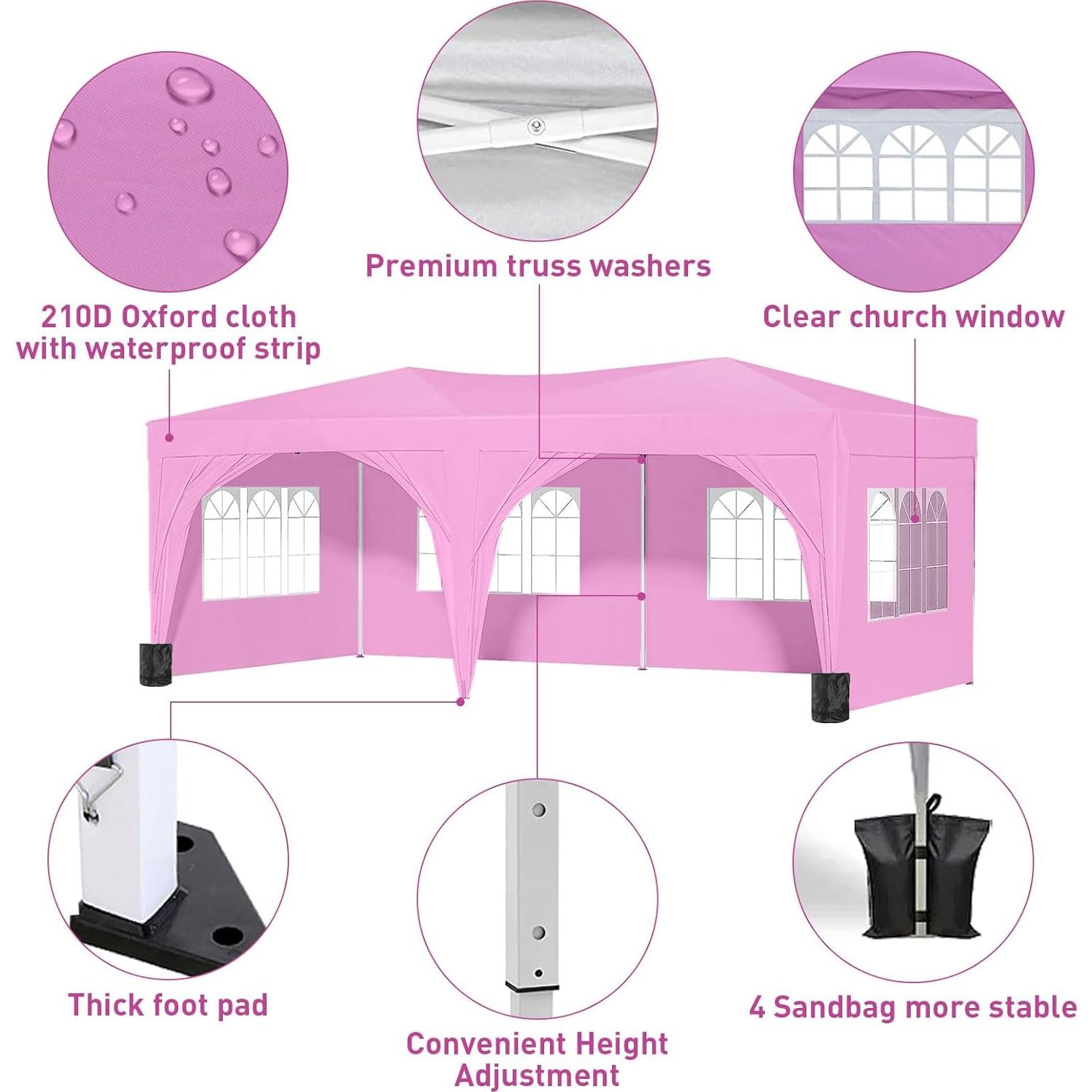 10'x20' Pop Up Canopy Tent with Sidewalls, Outdoor Heavy Duty Party Tent with 4 Sandbags and Carrying Bag, Large Ez Up Tents for Parties, Event, Waterproof (Pink)