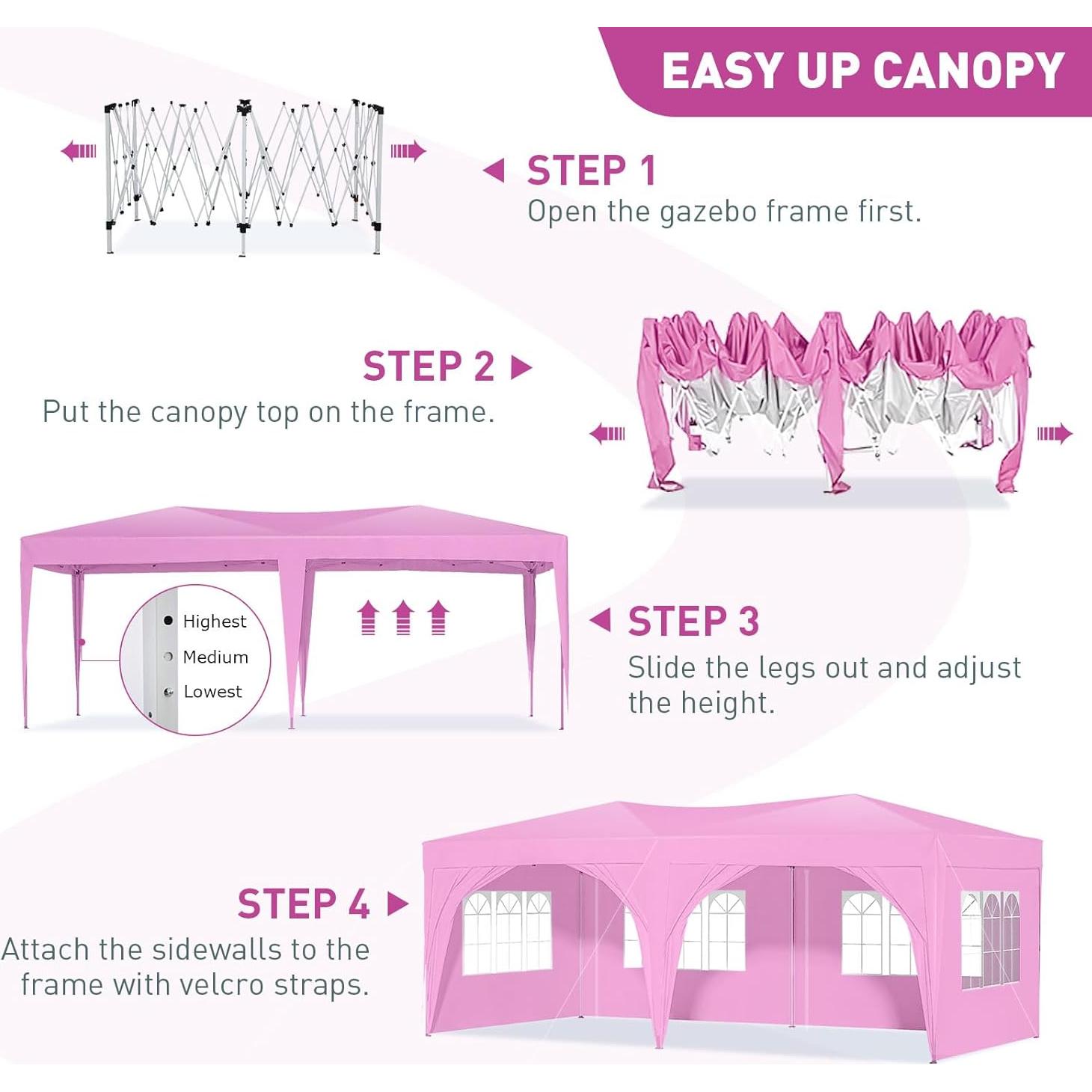 10'x20' Pop Up Canopy Tent with Sidewalls, Outdoor Heavy Duty Party Tent with 4 Sandbags and Carrying Bag, Large Ez Up Tents for Parties, Event, Waterproof (Pink)