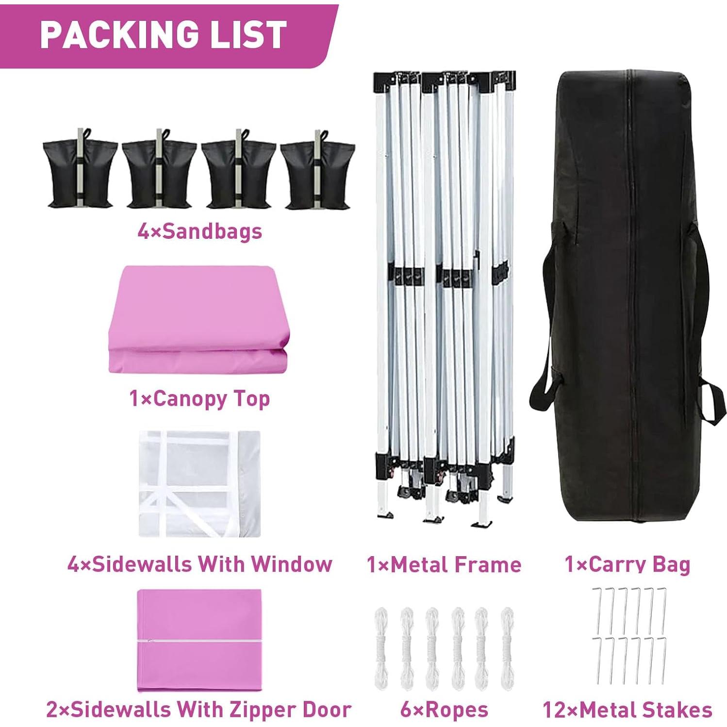 10'x20' Pop Up Canopy Tent with Sidewalls, Outdoor Heavy Duty Party Tent with 4 Sandbags and Carrying Bag, Large Ez Up Tents for Parties, Event, Waterproof (Pink)