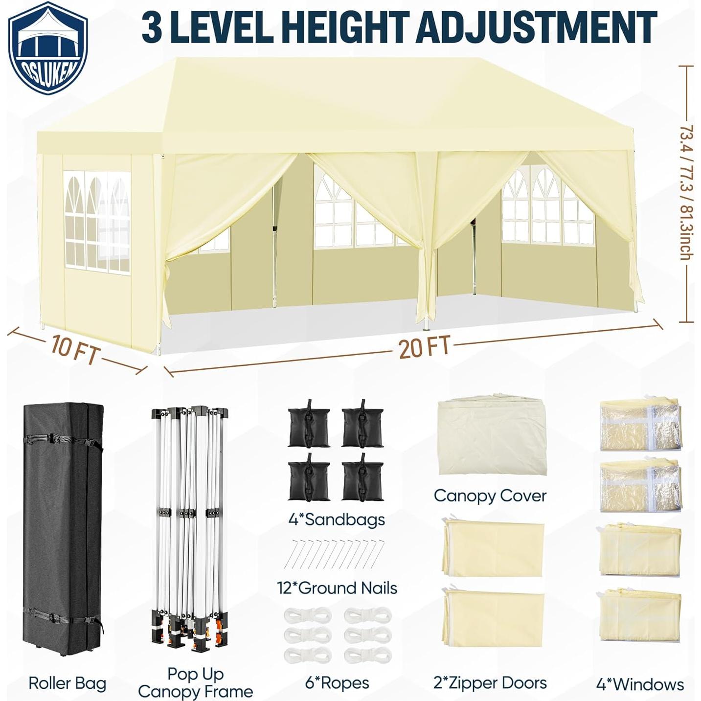 10x20 Pop Up Canopy Tent Heavy Duty with 6 Removable Sidewalls, Tents for Parties Event Wedding Commercial All Season Outdoor Waterproof Windproof UV 50+ Gazebo with Roller Bag, Thick Legs