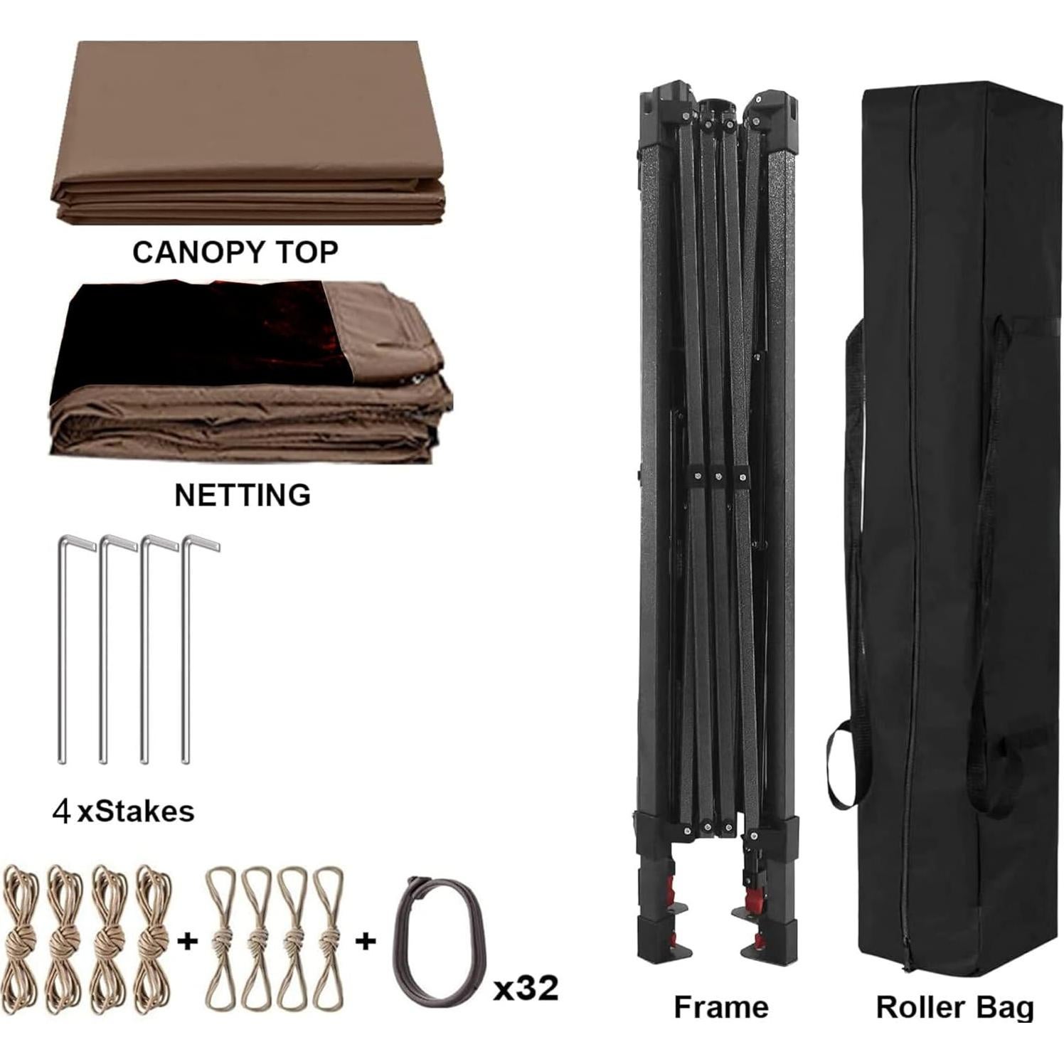 Gazebo Plegable TURRIDU 330x330cm con Red Desmontable Marrón