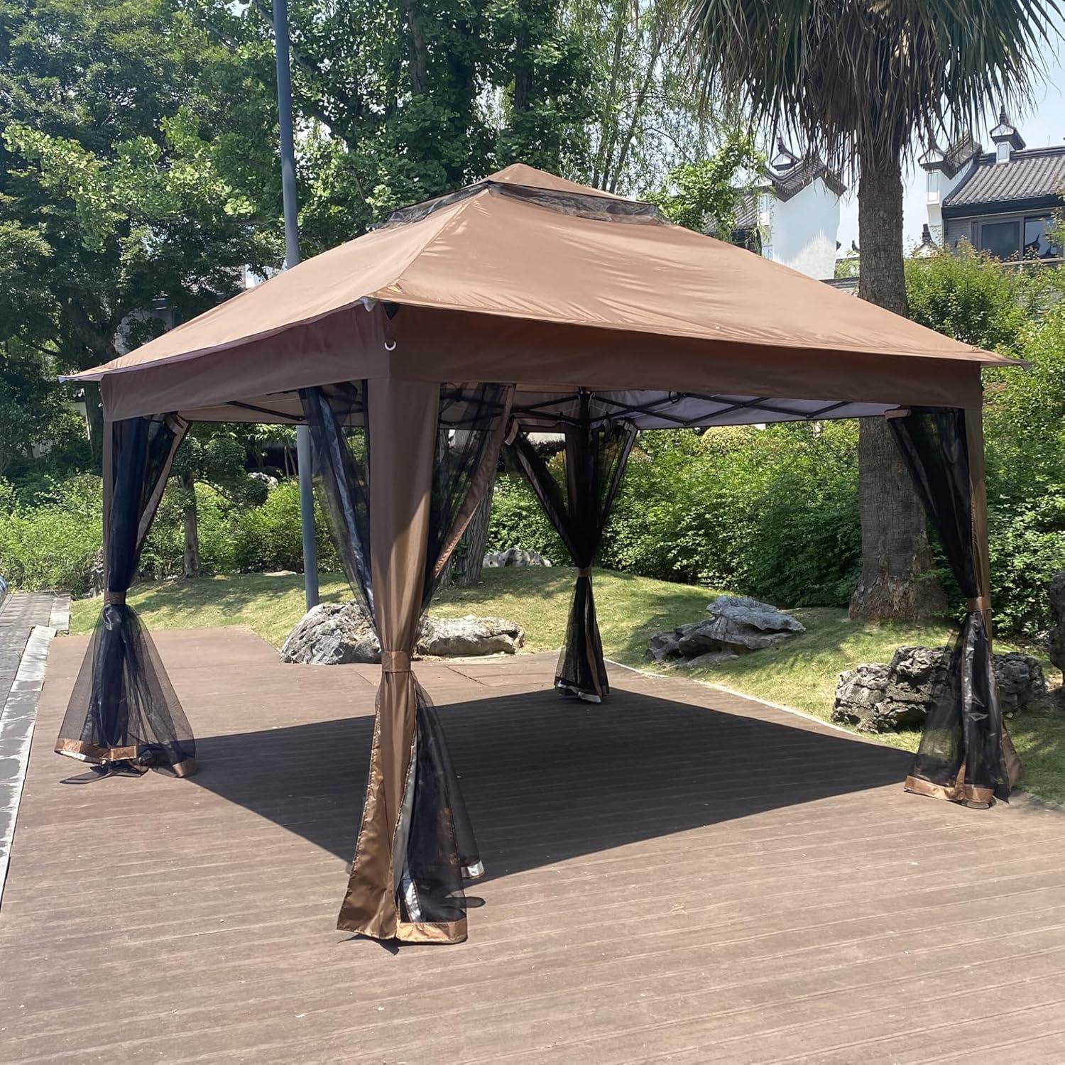 Gazebo Plegable TURRIDU 330x330cm con Red Desmontable Marrón