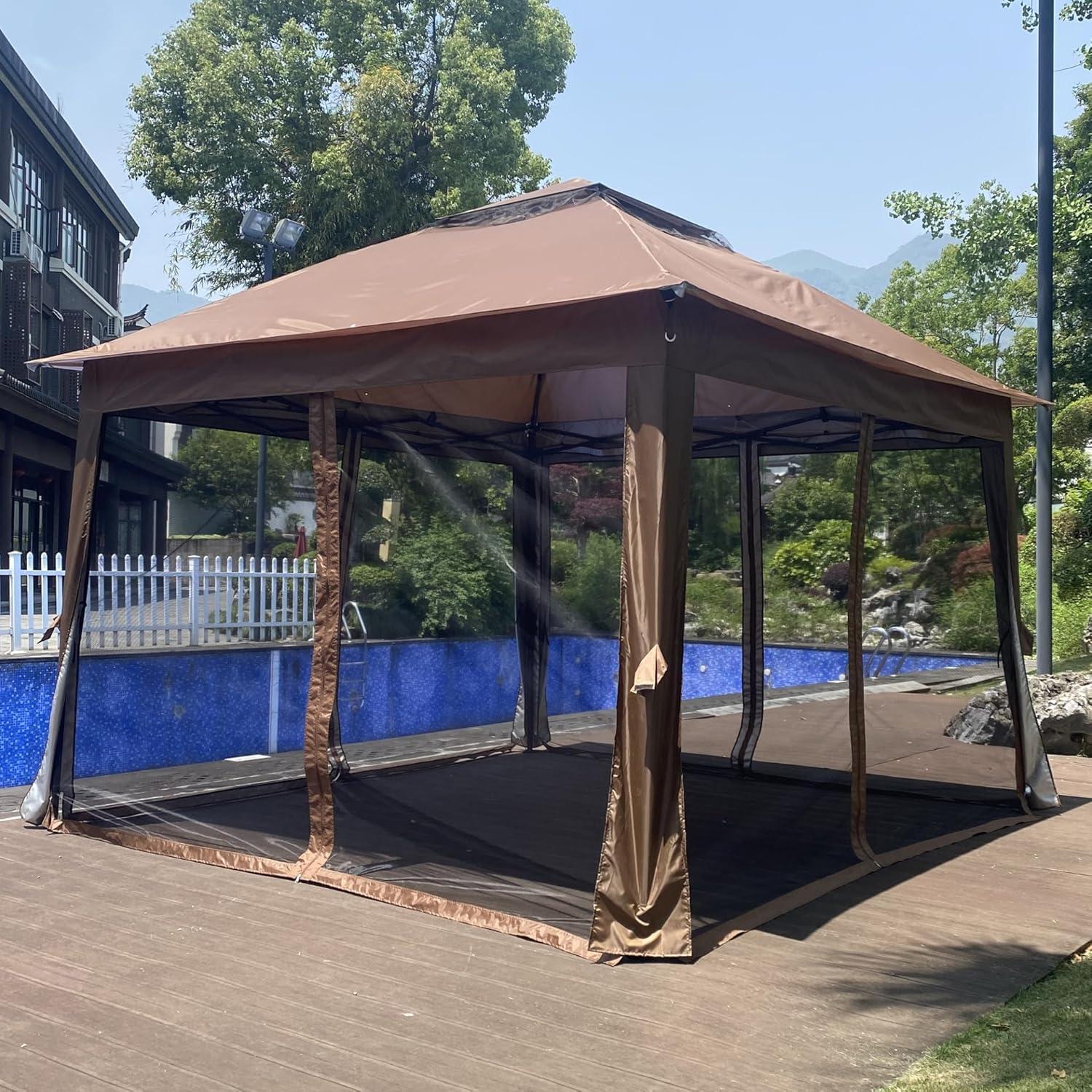 Gazebo Plegable TURRIDU 330x330cm con Red Desmontable Marrón