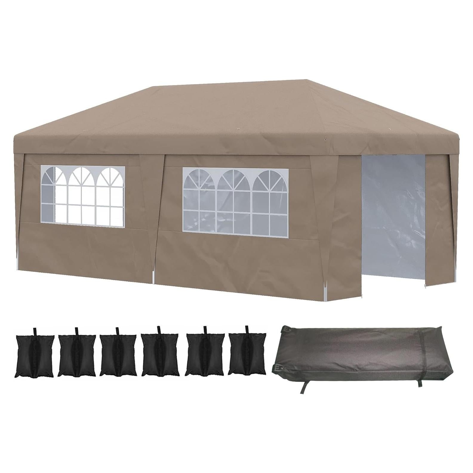10' x 19.5' Pop Up Canopy Tent with Sidewalls, Height Adjustable Large Party Tent Event Shelter with Leg Weight Bags, Double Doors and Wheeled Carry Bag for Garden, Patio (Brown)