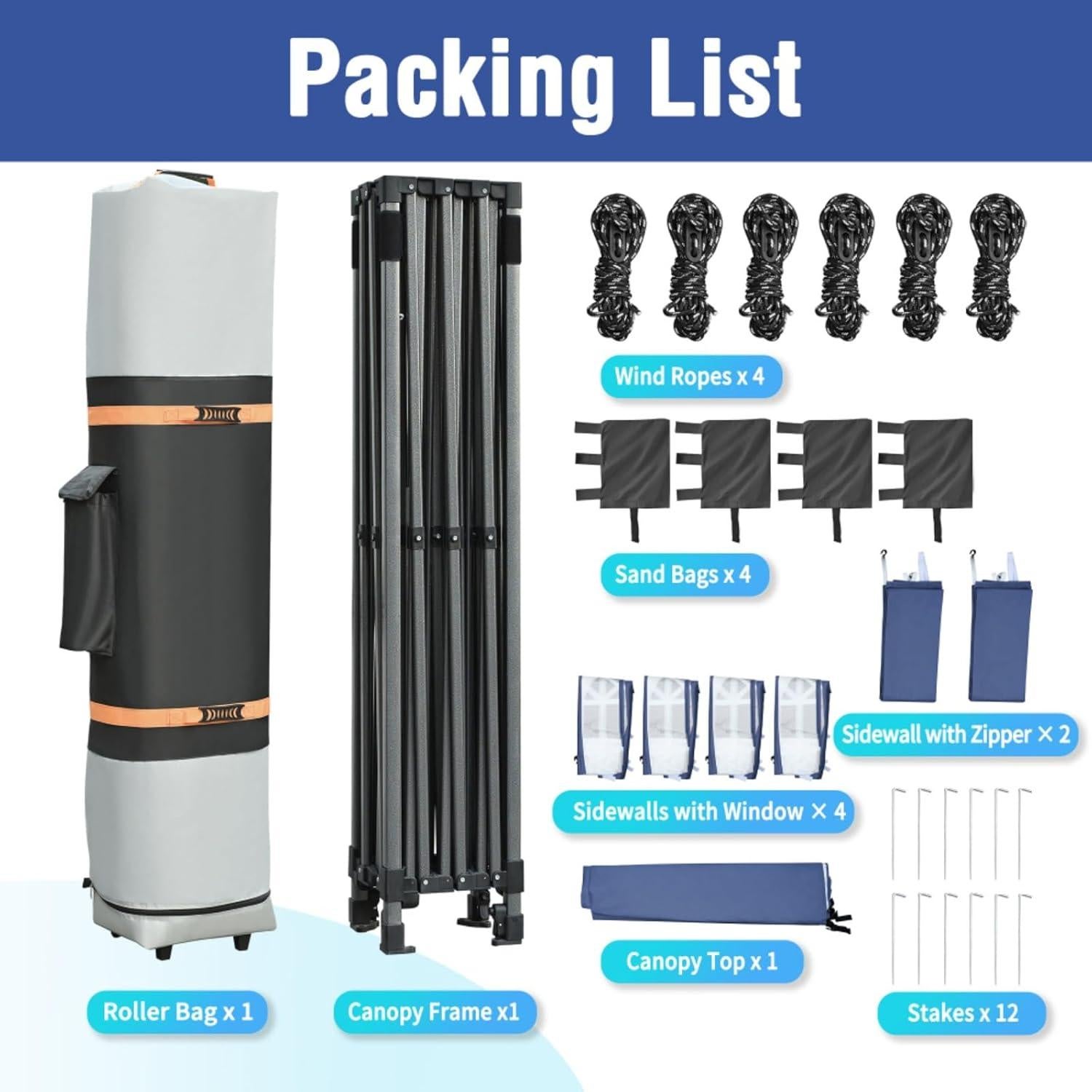 10x20 Pop Up Canopy Tent with 6 Sidewalls, Heavy Duty Party Tent, UV and Waterproof Protection, 3 Height Adjustable Outdoor Canopy Tent with Roller Bag for Weddings, Events, and Beach (Navy)