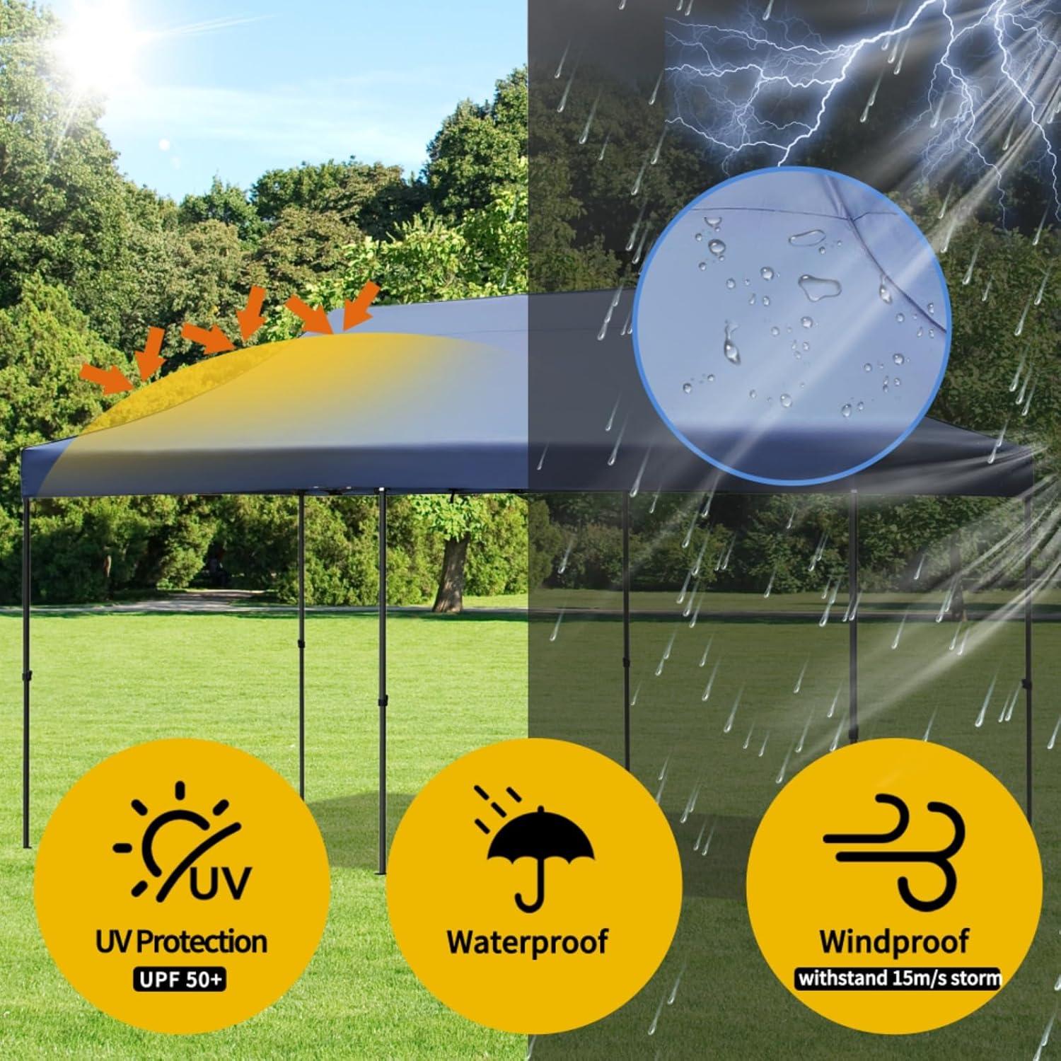 10x20 Pop Up Canopy Tent with 6 Sidewalls, Heavy Duty Party Tent, UV and Waterproof Protection, 3 Height Adjustable Outdoor Canopy Tent with Roller Bag for Weddings, Events, and Beach (Navy)