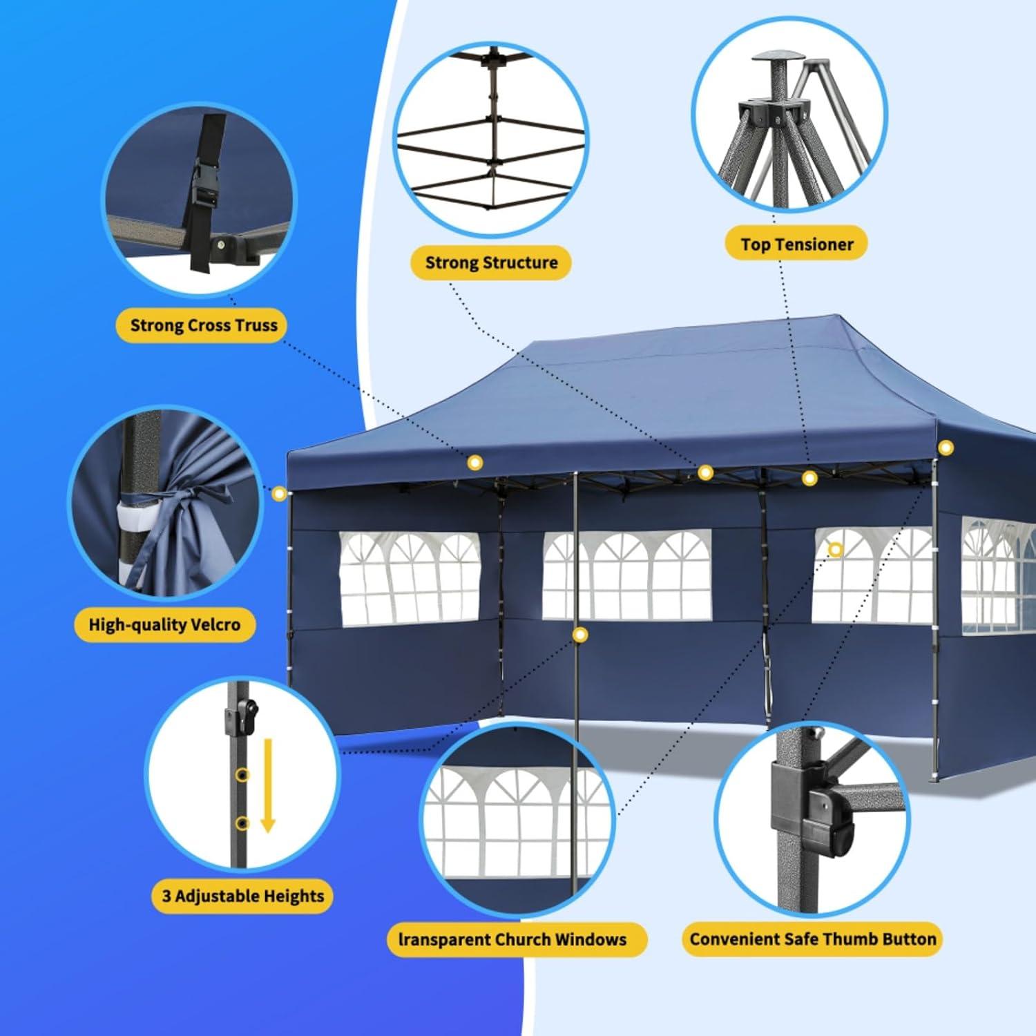 10x20 Pop Up Canopy Tent with 6 Sidewalls, Heavy Duty Party Tent, UV and Waterproof Protection, 3 Height Adjustable Outdoor Canopy Tent with Roller Bag for Weddings, Events, and Beach (Navy)