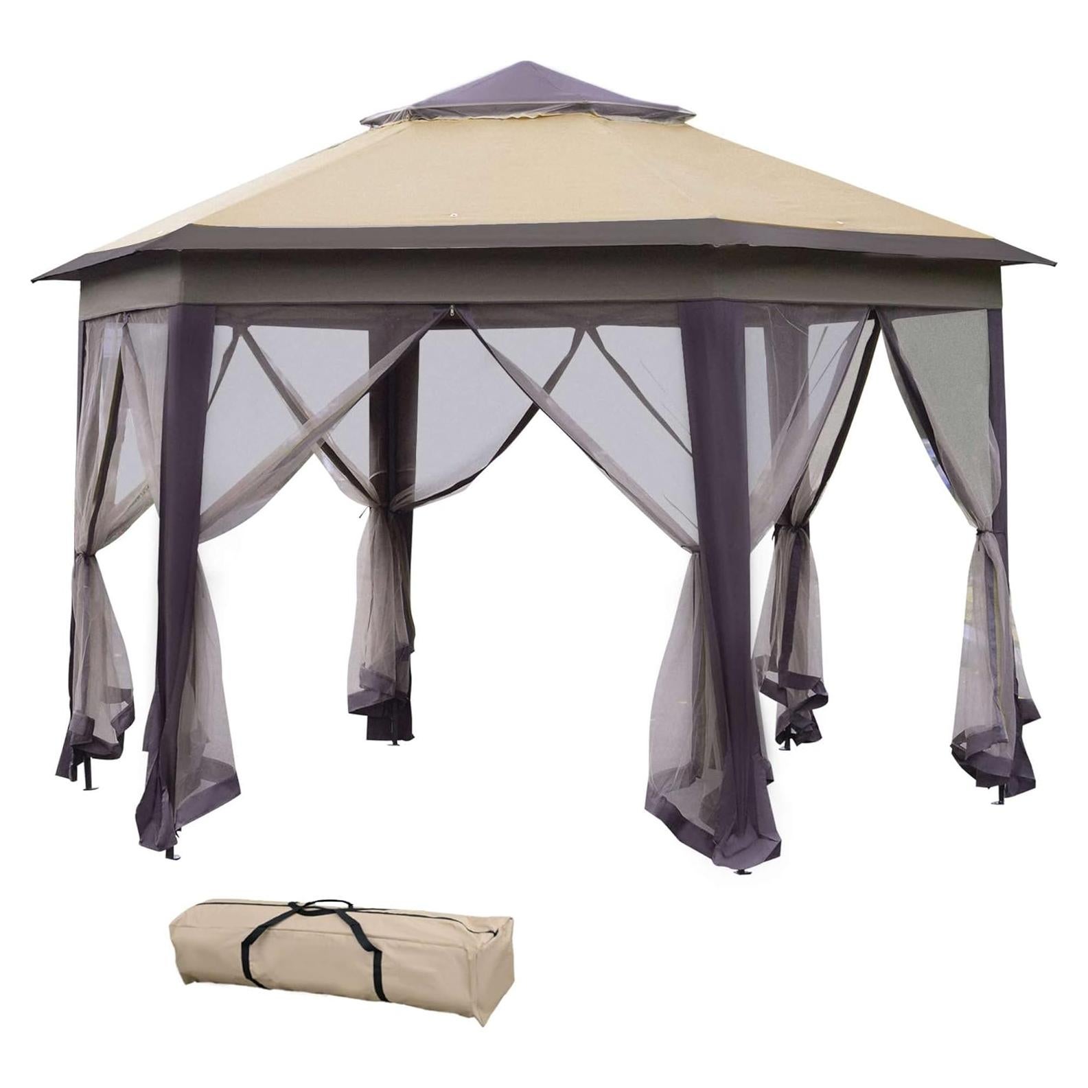 13' x 13' Pop Up Gazebo, Hexagonal Canopy Shelter with 6 Zippered Mesh Netting, Event Tent with Strong Steel Frame for Patio Backyard Garden Wedding Party