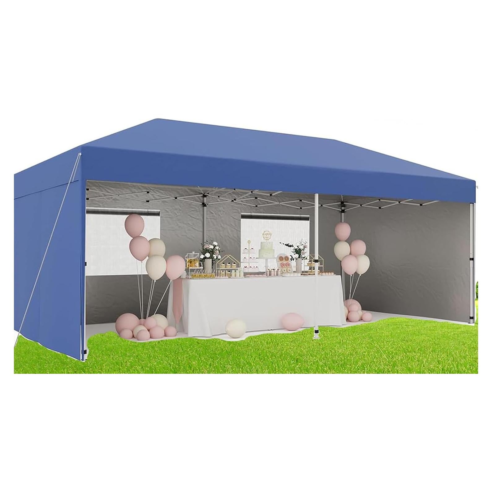 10'x 20' Pop Up Canopy Tent, Commercial Instant Canopies, 210 D Oxford Fabric, Including 4Pcs Sidewalls 12 Stakes 6 Sandbags for Farmers' Market, Wedding Event, Camping-Blue