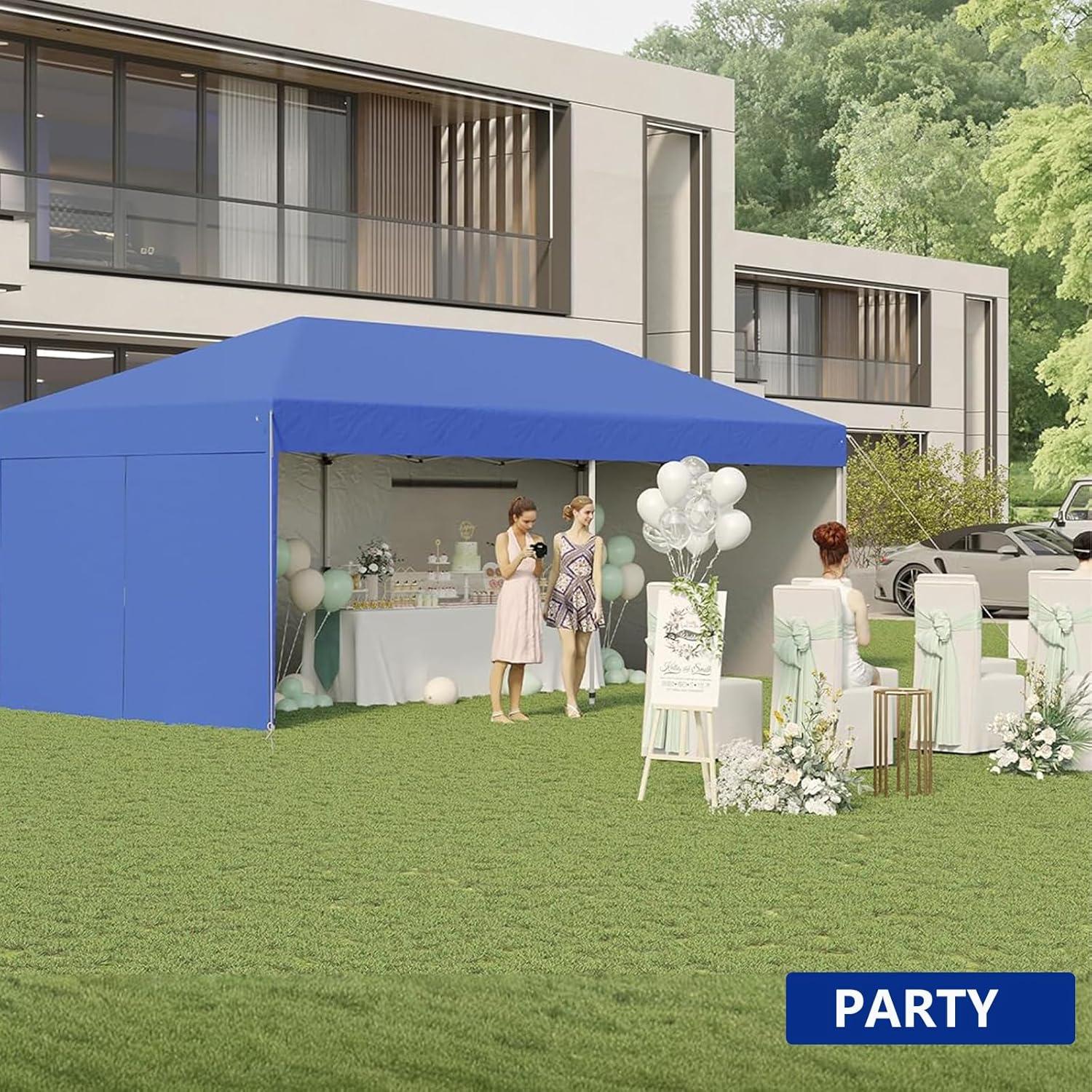 10'x 20' Pop Up Canopy Tent, Commercial Instant Canopies, 210 D Oxford Fabric, Including 4Pcs Sidewalls 12 Stakes 6 Sandbags for Farmers' Market, Wedding Event, Camping-Blue