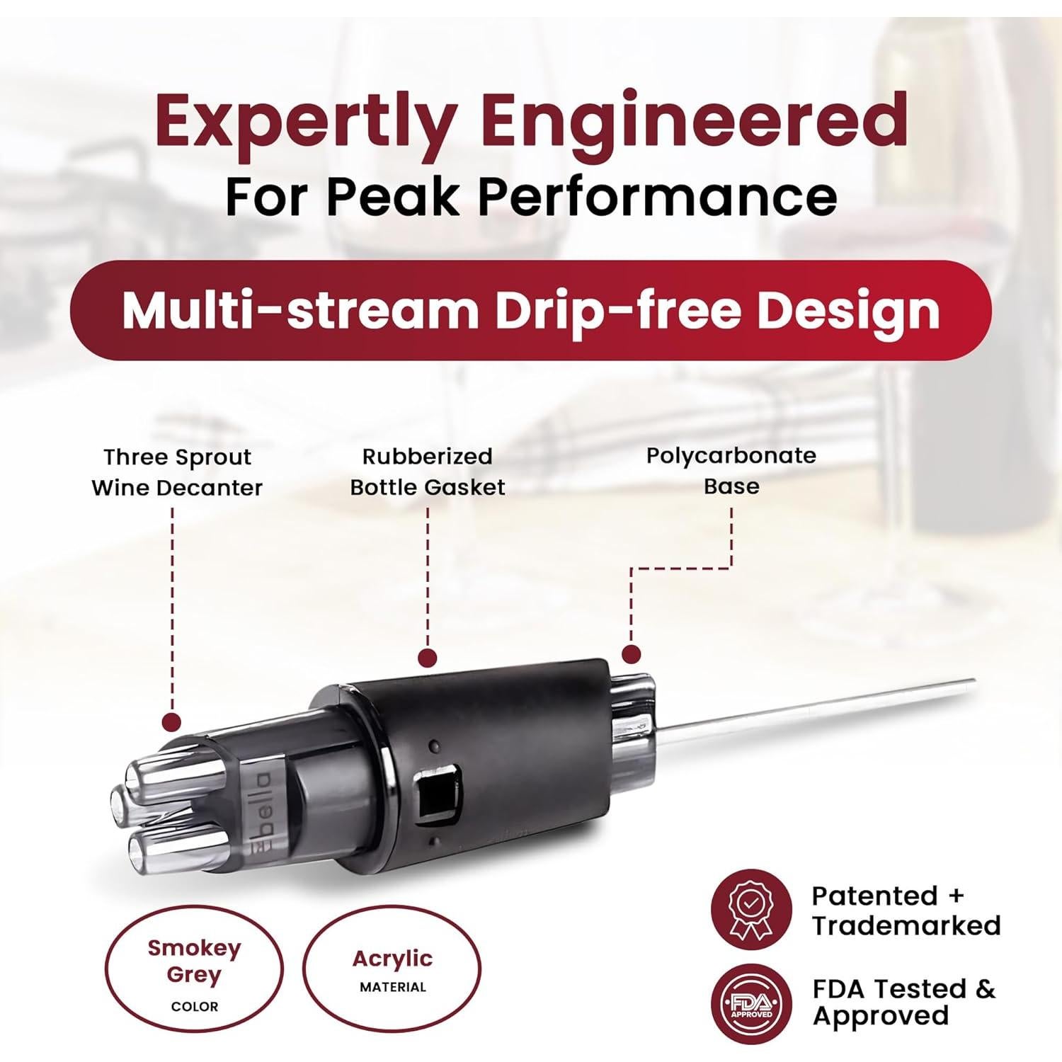 Aerador de Vino TRIbella Gris Humo 3 Picos Acrílico Sin Goteo