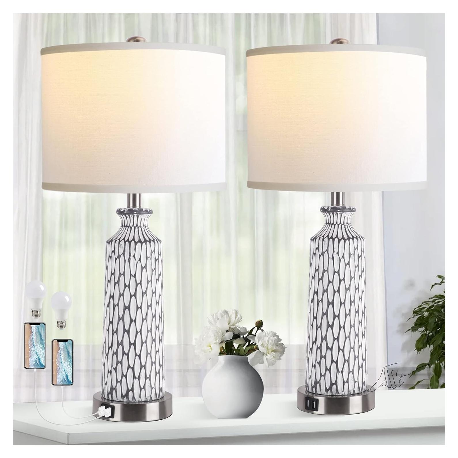 Lámpara de Mesa QiMH Set de 2 con Puertos USB y Control Táctil