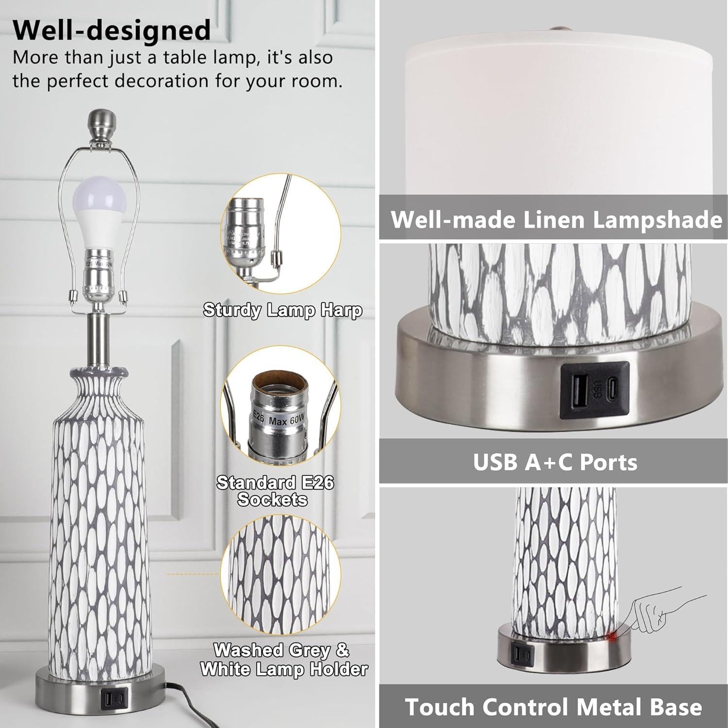 Lámpara de Mesa QiMH Set de 2 con Puertos USB y Control Táctil