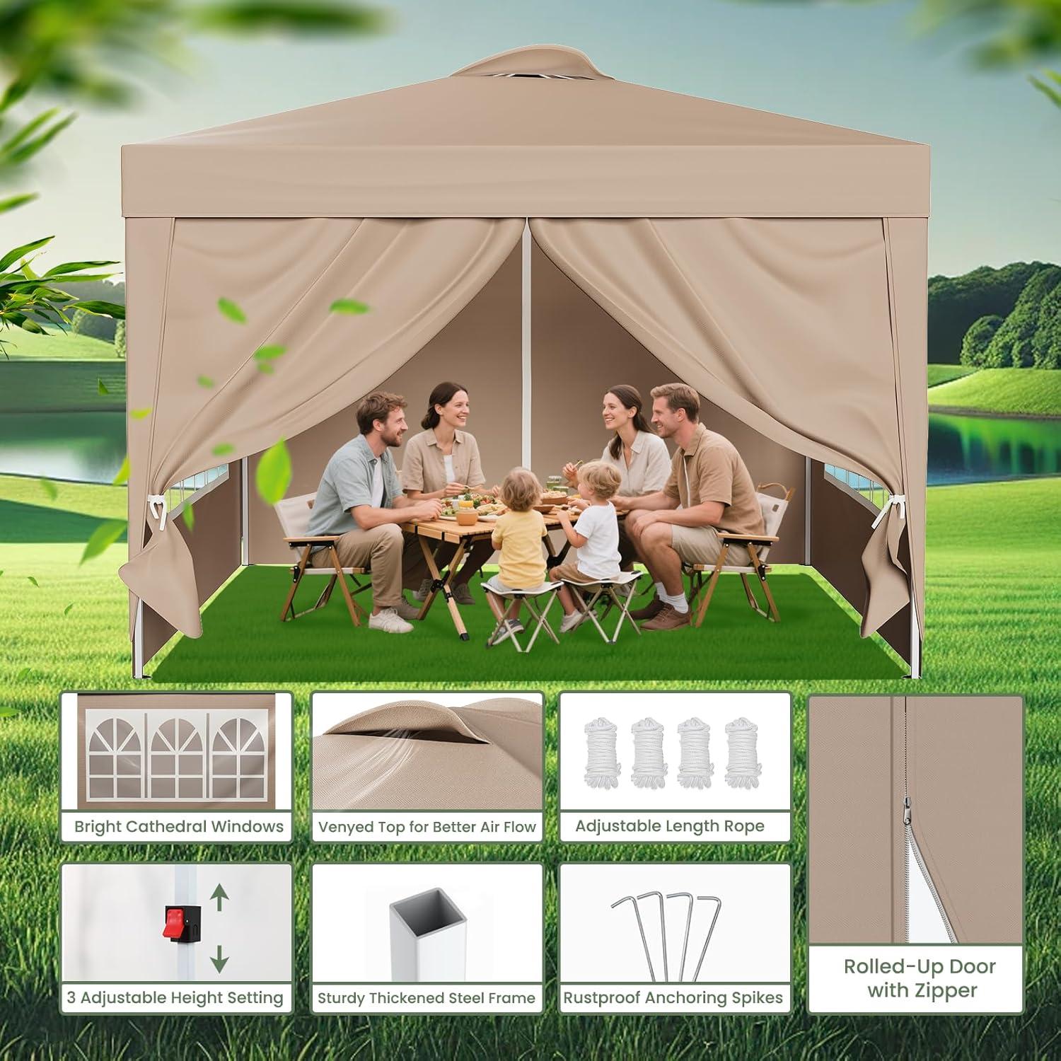 Carpa Plegable GVDV 3x3m con 4 Paredes Desmontables Caqui