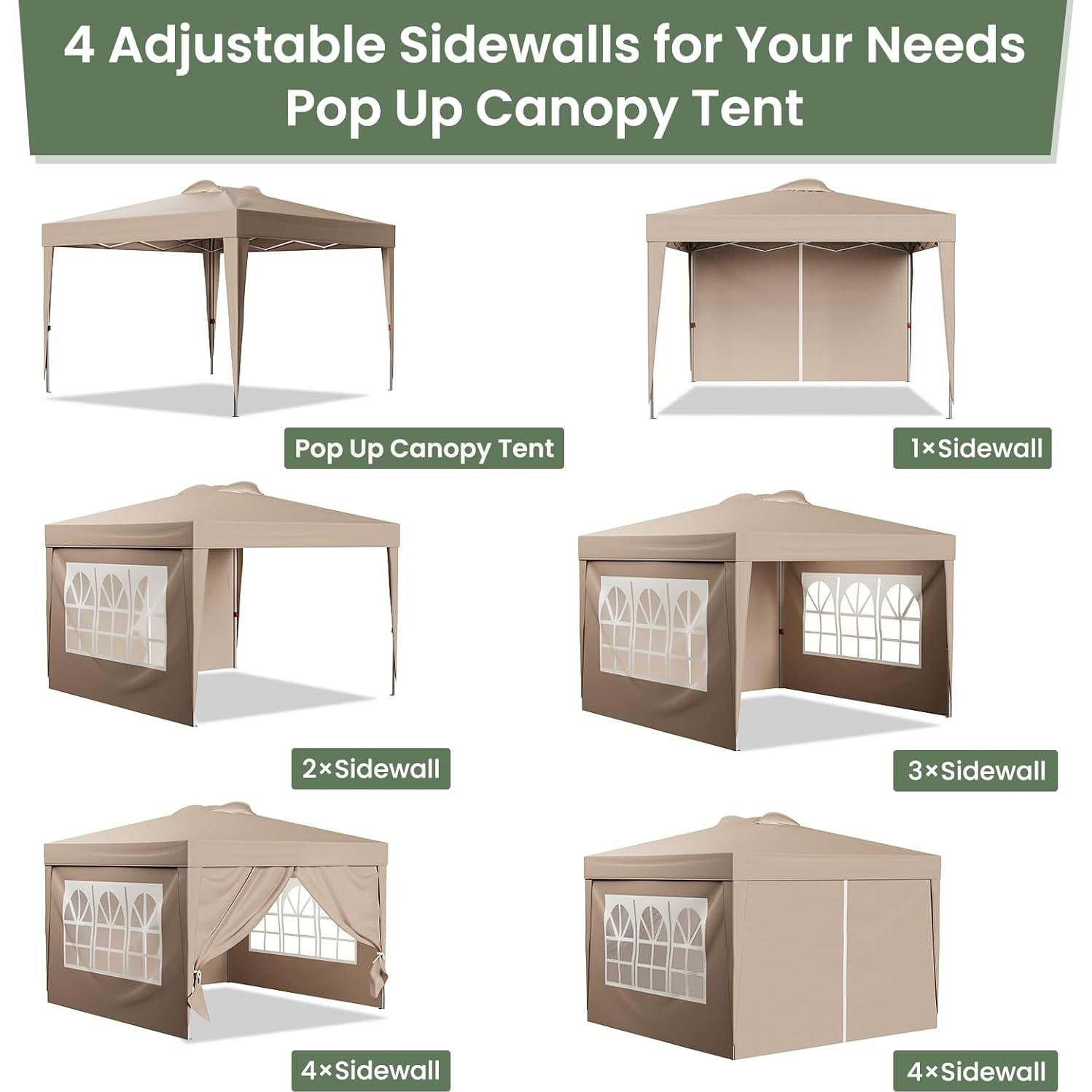 Carpa Plegable GVDV 3x3m con 4 Paredes Desmontables Caqui