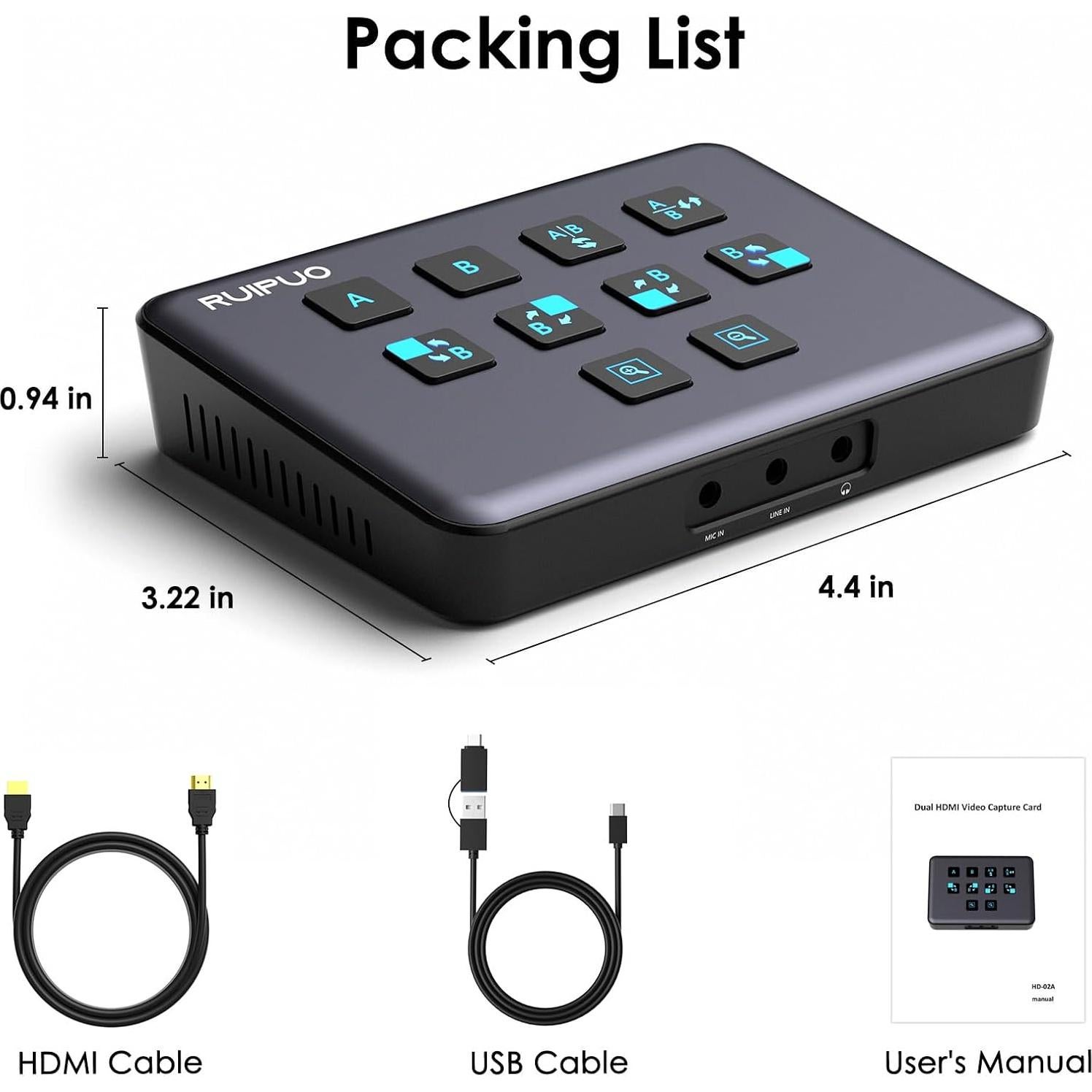 Conmutador HDMI RuiPuo A2 4K 60Hz USB 3.0 para Streaming