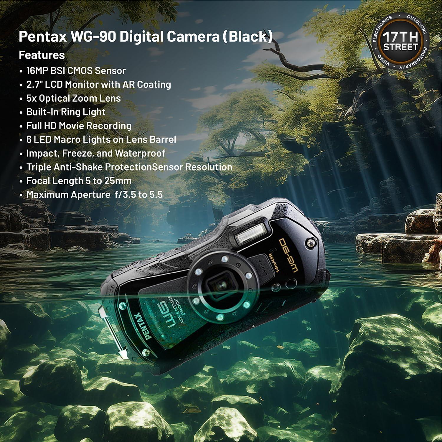 Cámara Digital Impermeable Pentax WG-90 16MP Negro + 32GB