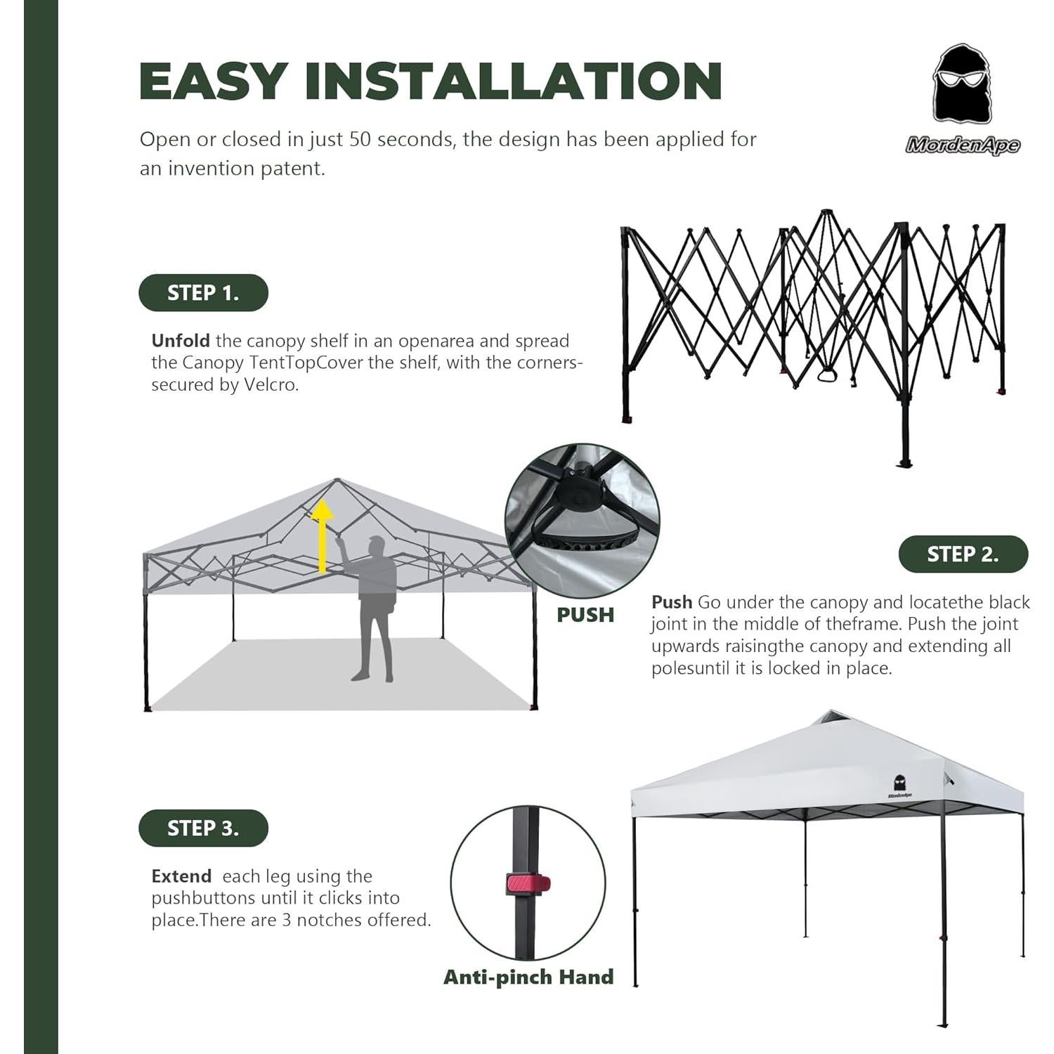 Carpa Plegable 3.05x3.05m MordenApe con Luz Mejorada
