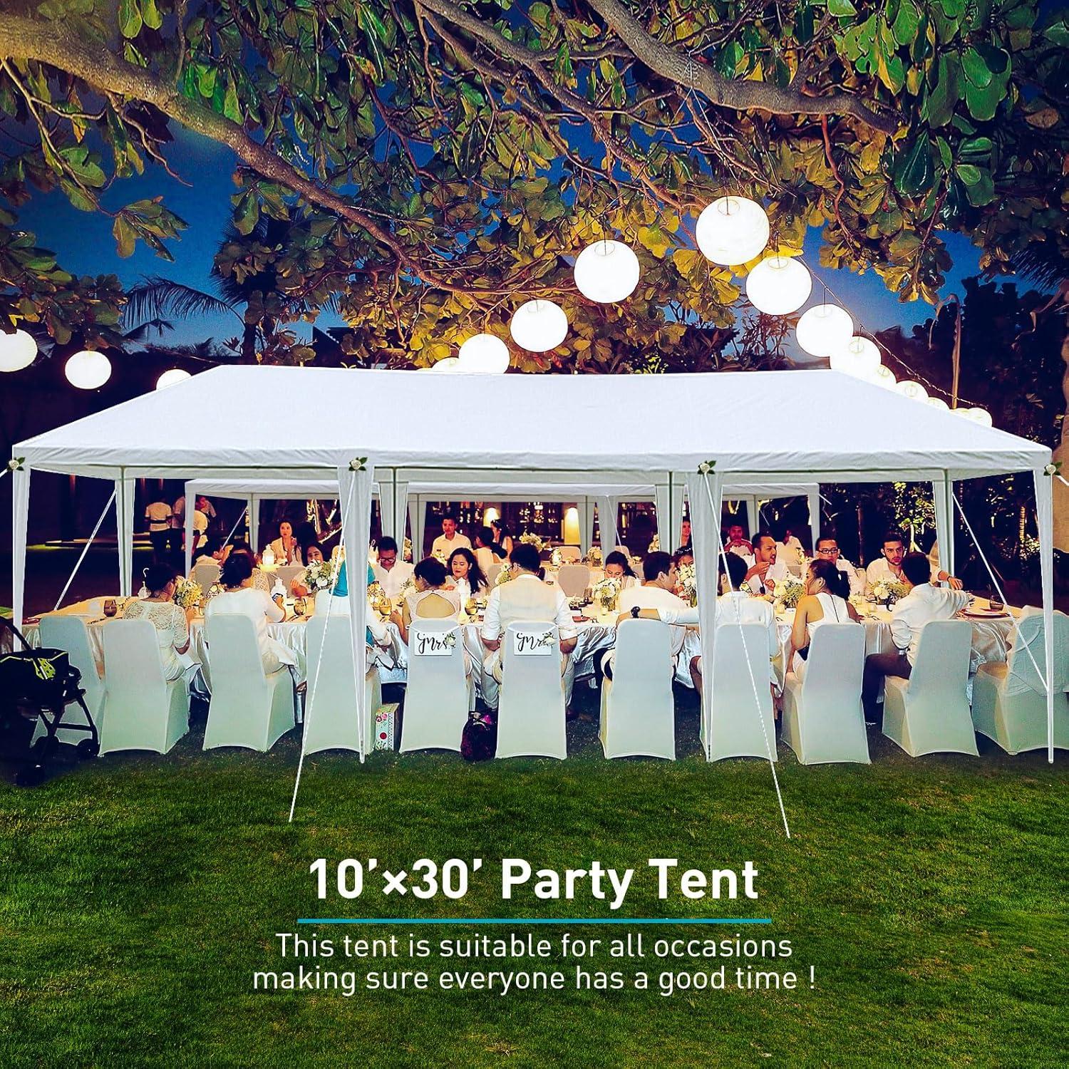 10'x30' Party Tent, Large White Tent for Parties, Wedding and Birthday, Outdoor Tents with Ropes and Ground Stakes, Outside Gazebo Event Tent for Garden, Patio and Backyard, No Sidewalls