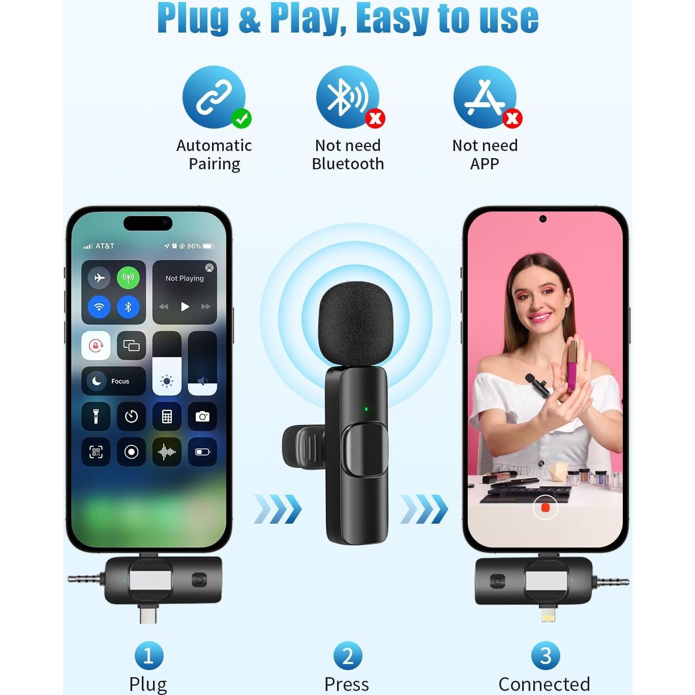 Micrófono Lavalier Inalámbrico Gicorino HK158 USB-C 2 Micrófonos