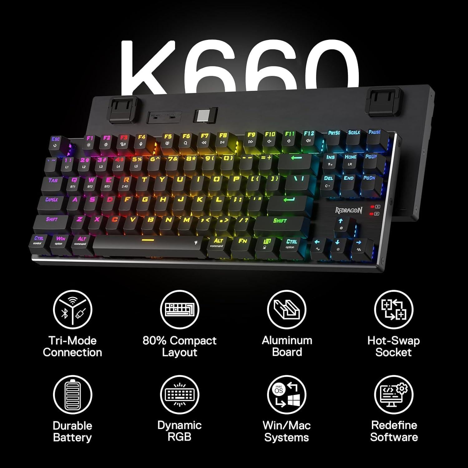 Teclado Gaming Inalámbrico Redragon K660RGB-PRO TKL 87 Teclas