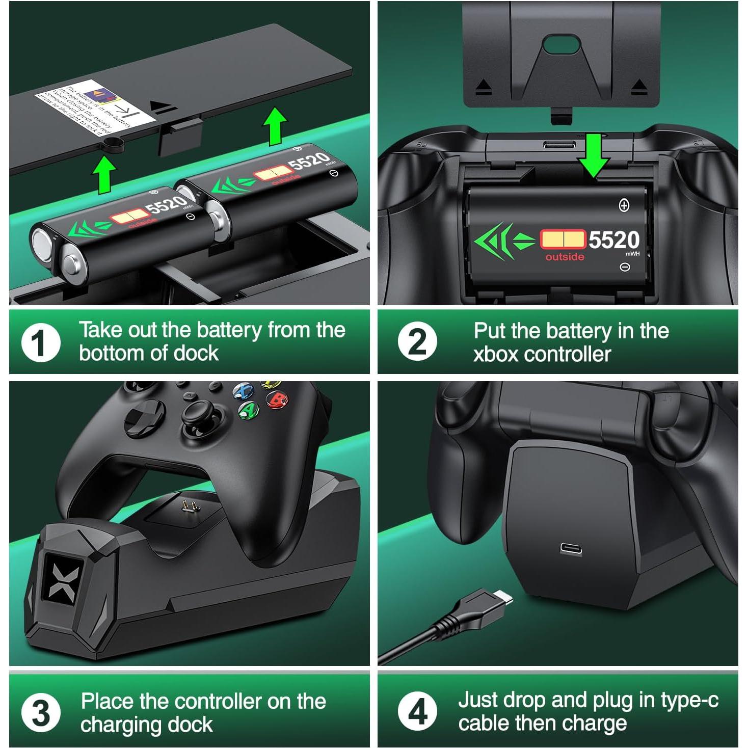 Estación de Carga para Controlador Xbox + LIFUFUTEE + 2 Baterías 5520mWh