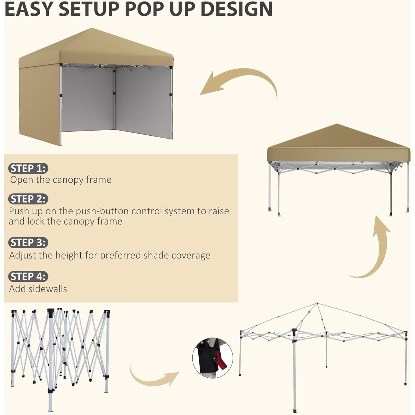 Carpa Plegable Outsunny 3 Paredes Beige 10x10 pies Ajustable