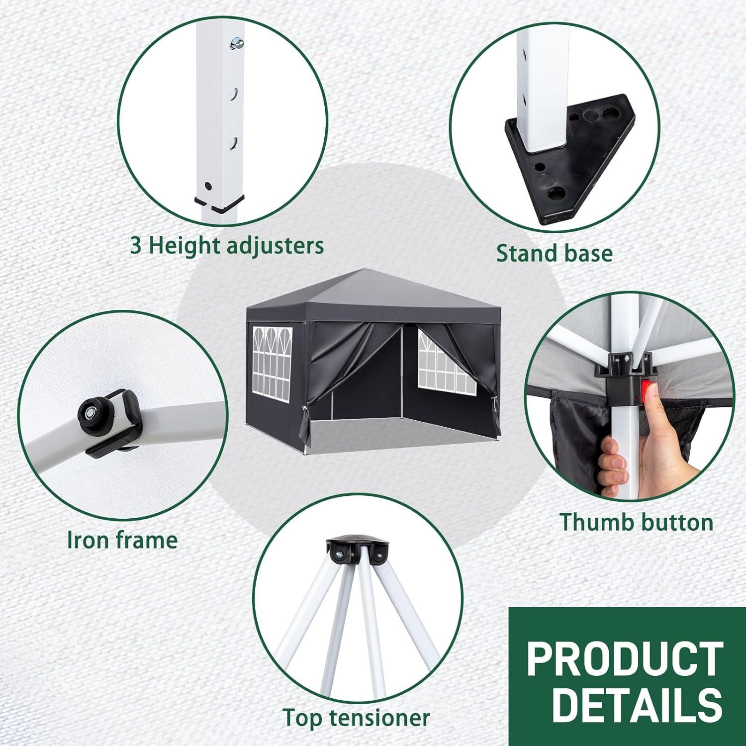 Carpa Plegable 3x3m Gris Oscuro con 4 Paredes Laterales