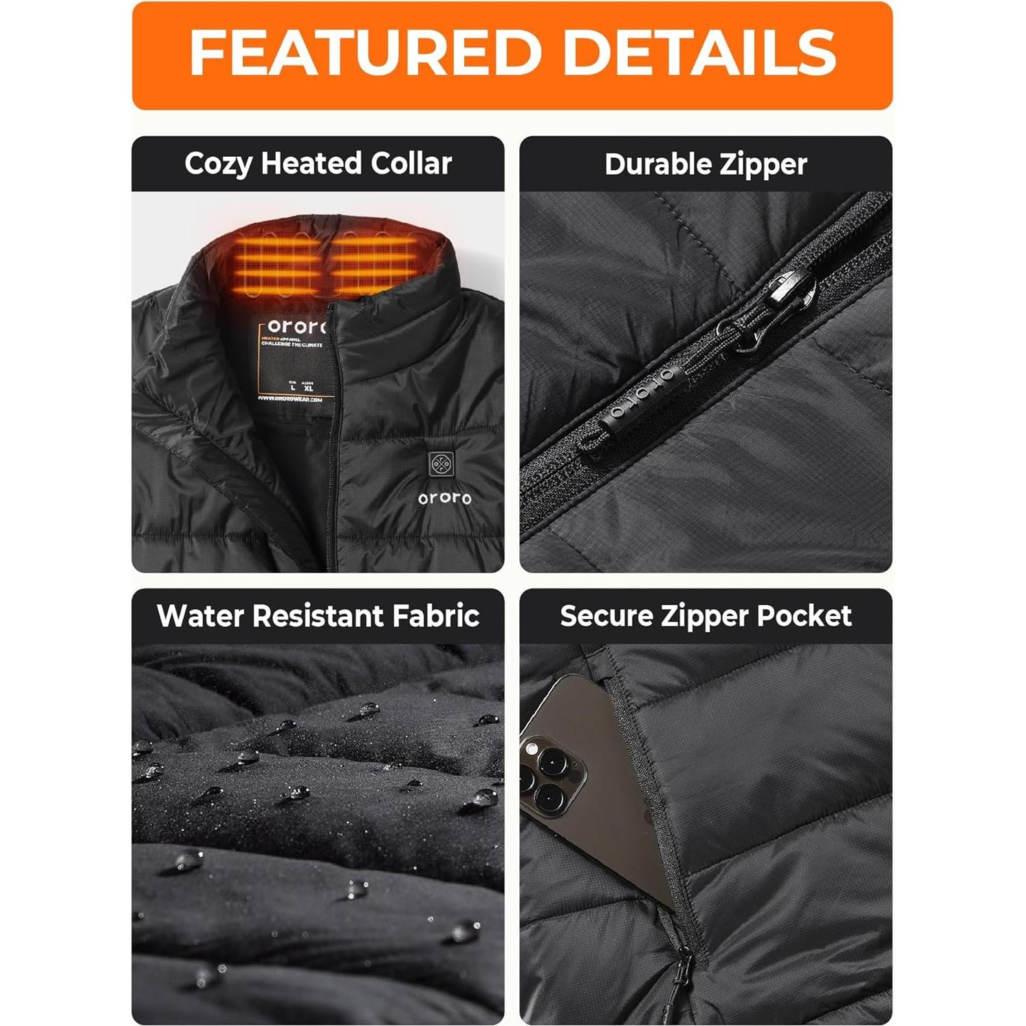 Chaleco Térmico Ligero ORORO para Hombre Negro con Batería