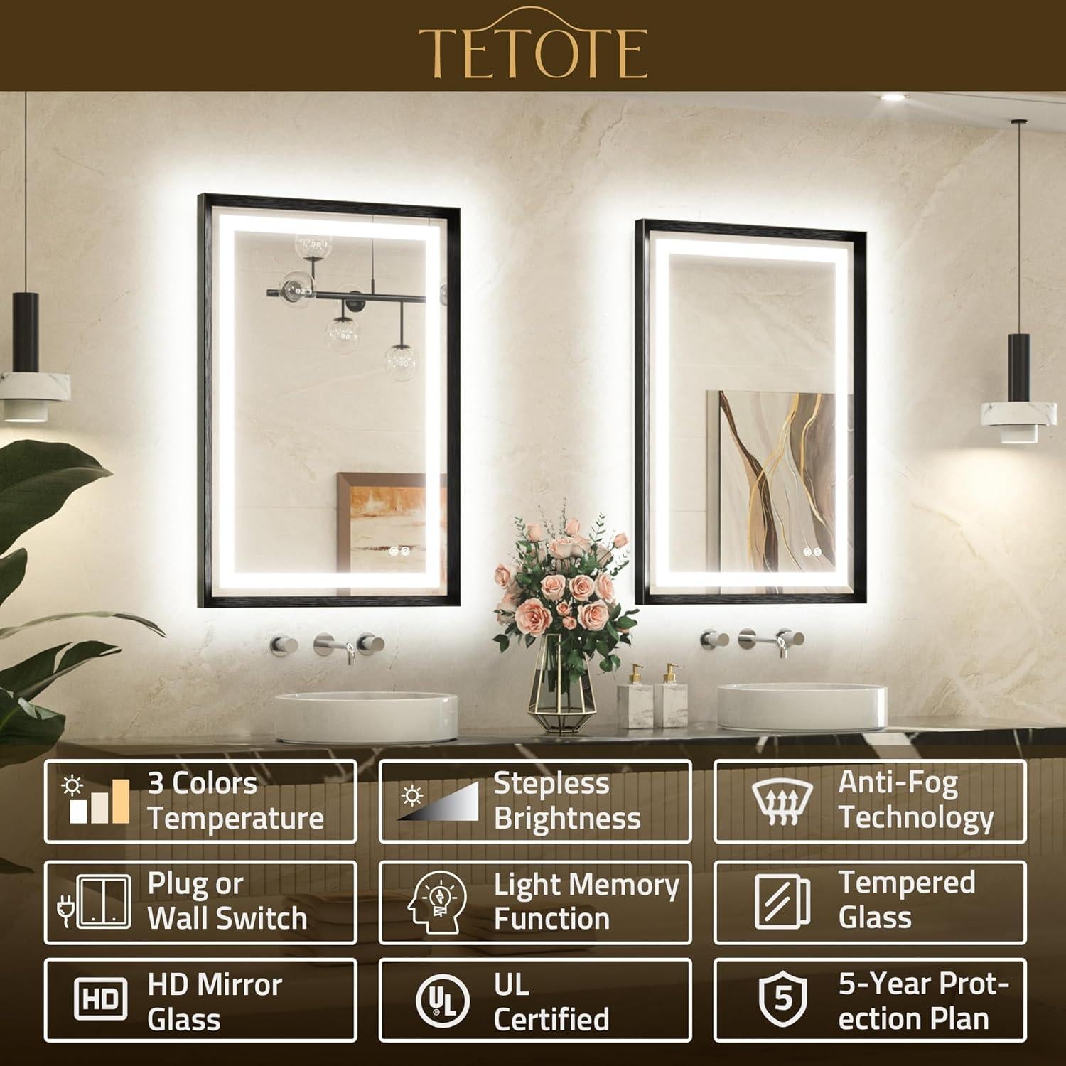 Espejo LED de Baño TETOTE 71x50 cm Antivaho Iluminado Negro