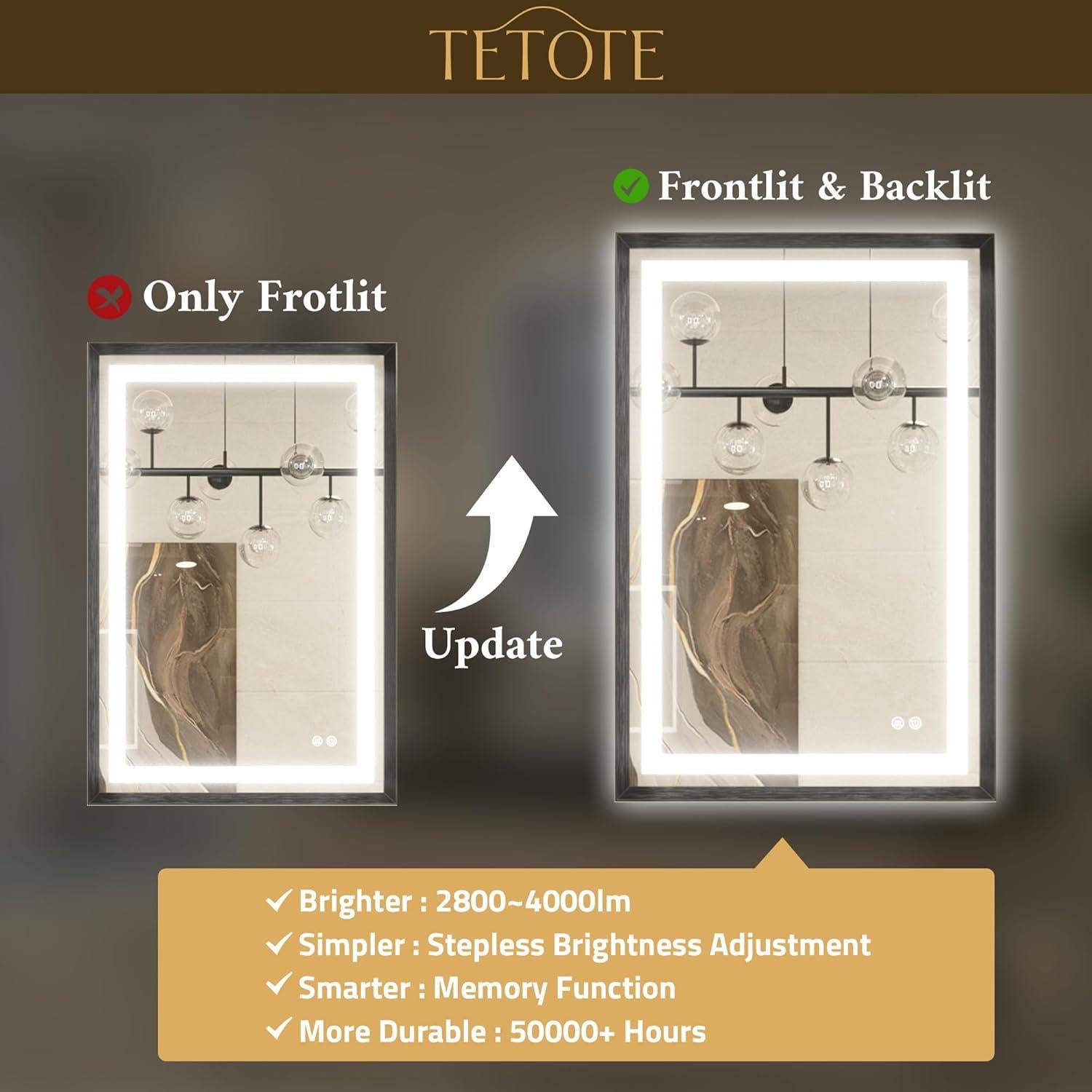 Espejo LED de Baño TETOTE 71x50 cm Antivaho Iluminado Negro