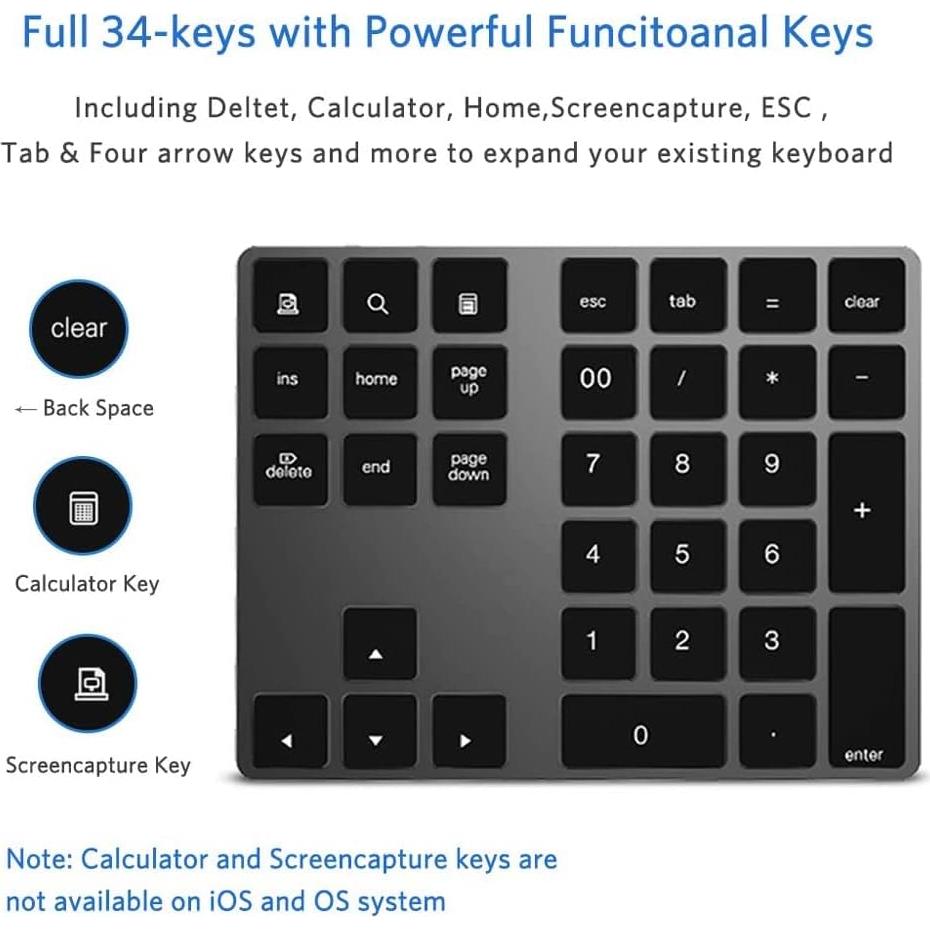 Teclado Numérico Bluetooth JOYEKY Recargable USB-C 34 Teclas